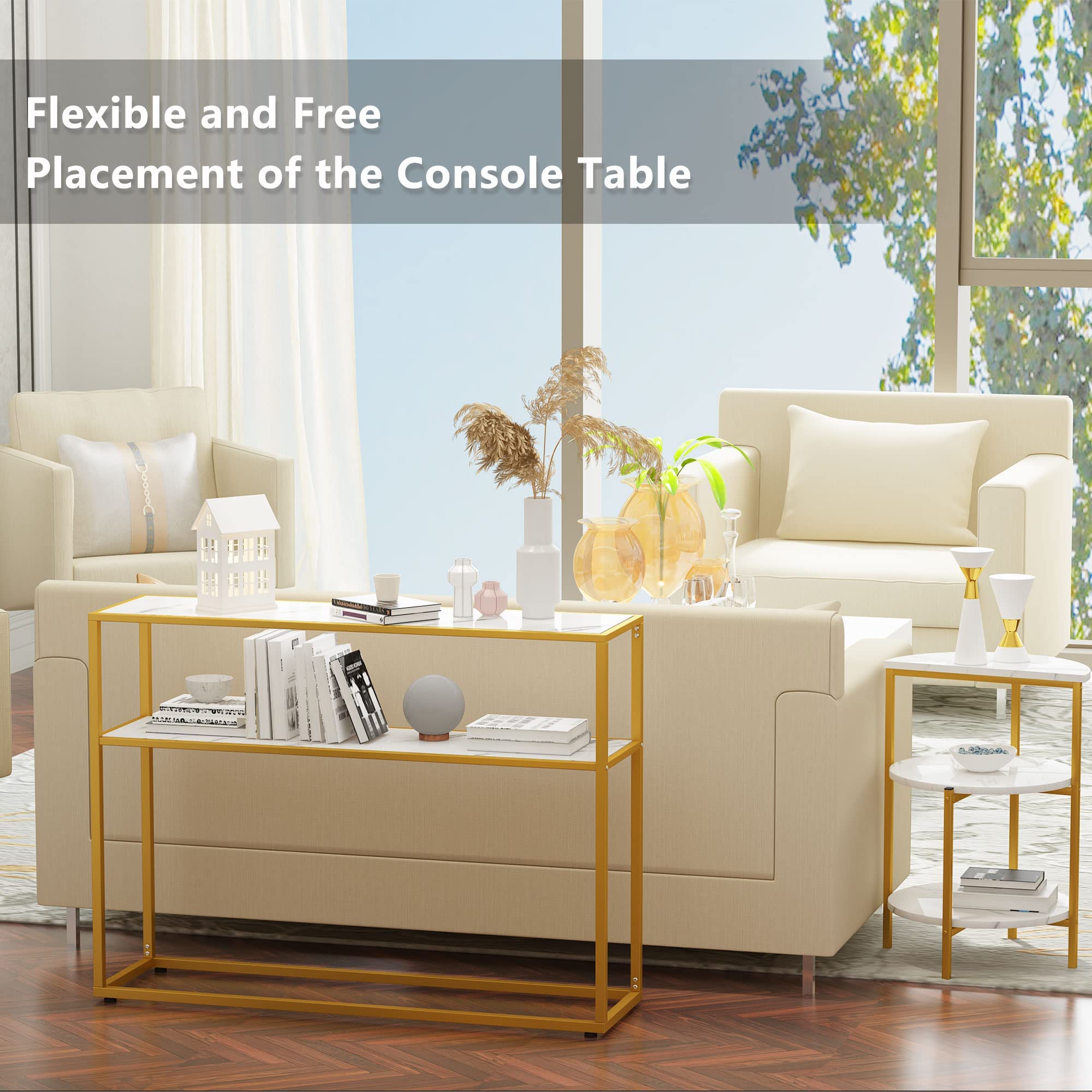 MIERES 3-Piece Faux Marble Coffee Table Set - Modern Living Room Furniture with Semicircle End Table & Sofa Side Console Table, Storage Shelves & Sturdy Metal Frame, White & Gold - Perfect for Small Spaces, Apartments & Cozy Home Decor