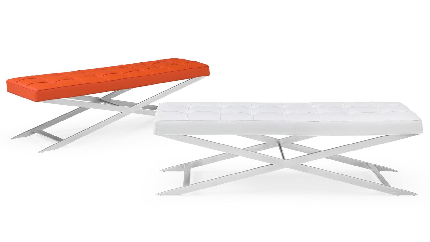 ZURI Modern Ruth Orange Leatherette Button Tufted Long Bench with Brushed Stainless Steel X-Shaped Base - Stylish Entryway Seating for Living Room, Bedroom or Hallway