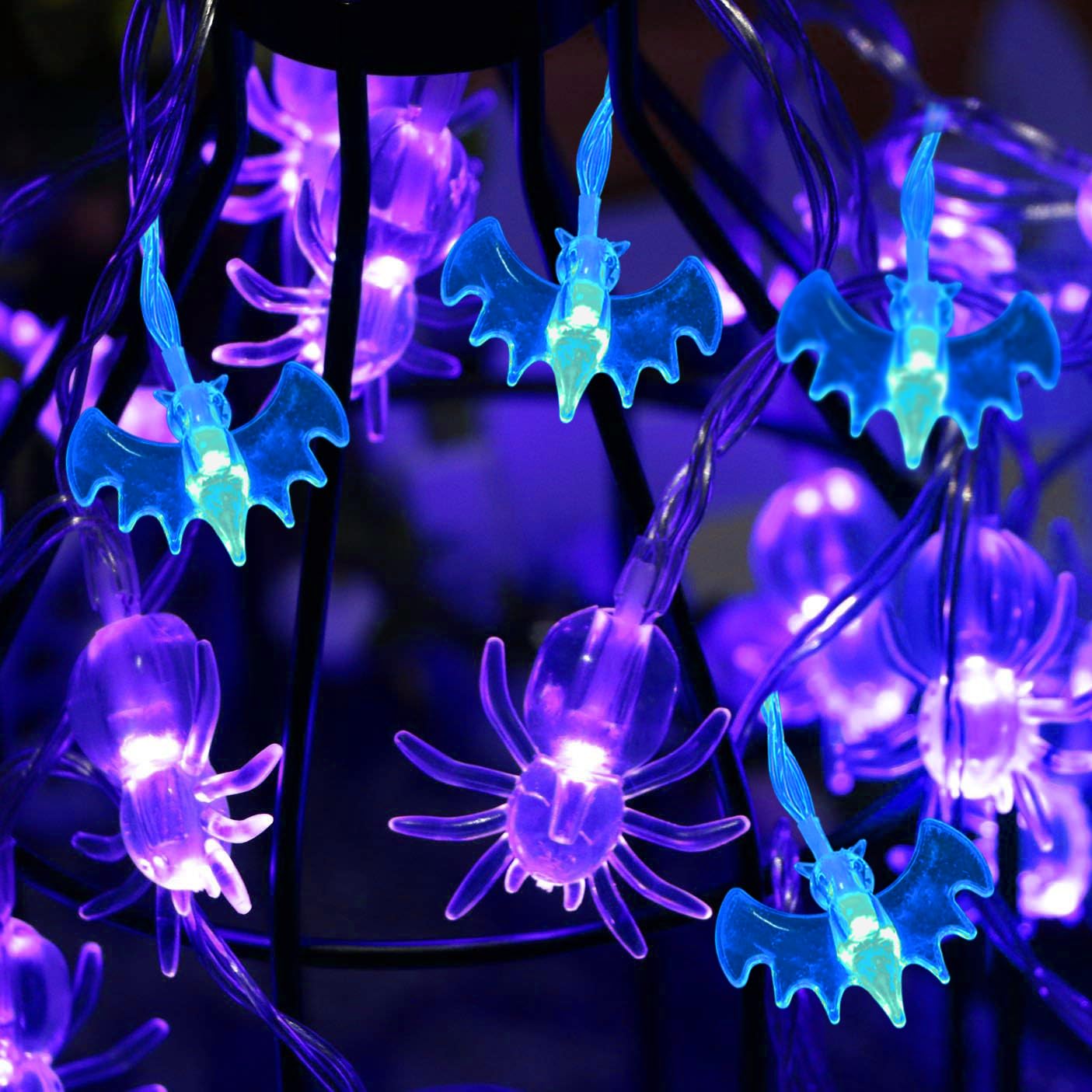 2-Pack 30LED Halloween String Lights - Purple Spider & Blue Bat Fairy Lights for Indoor/Outdoor Decor | Battery Operated Halloween Party Decorations (6.6ft Each) - Perfect for Porch, Yard, Window & Halloween Party Displays