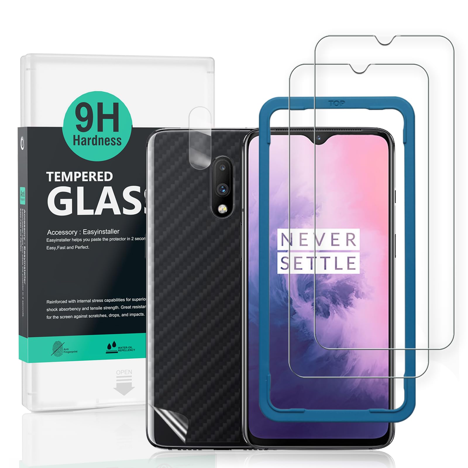 iBywind OnePlus 7 Screen Protector [2-Pack] with Camera Lens Protector & Carbon Fiber Back Skin - Includes Easy Installation Kit - Perfect for Daily Protection & Scratch Prevention
