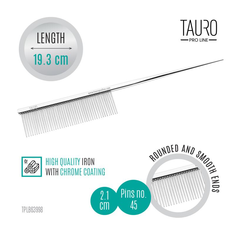 Tauro Pro Line Metallic Comb with Tail - Professional Grooming Tool for Dogs & Horses - Perfect for Show Preparation & Daily Brushing