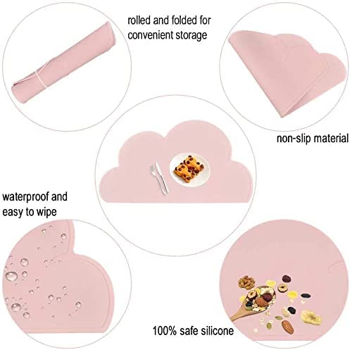 PandaEar 2 Pack Non-Slip Silicone Placemats for Kids - BPA Free, Food Grade, Lightweight & Portable with Raised Edges (Pink & Grey) - Perfect for Toddler Mealtime, High Chair, Dining Table, and Picnics