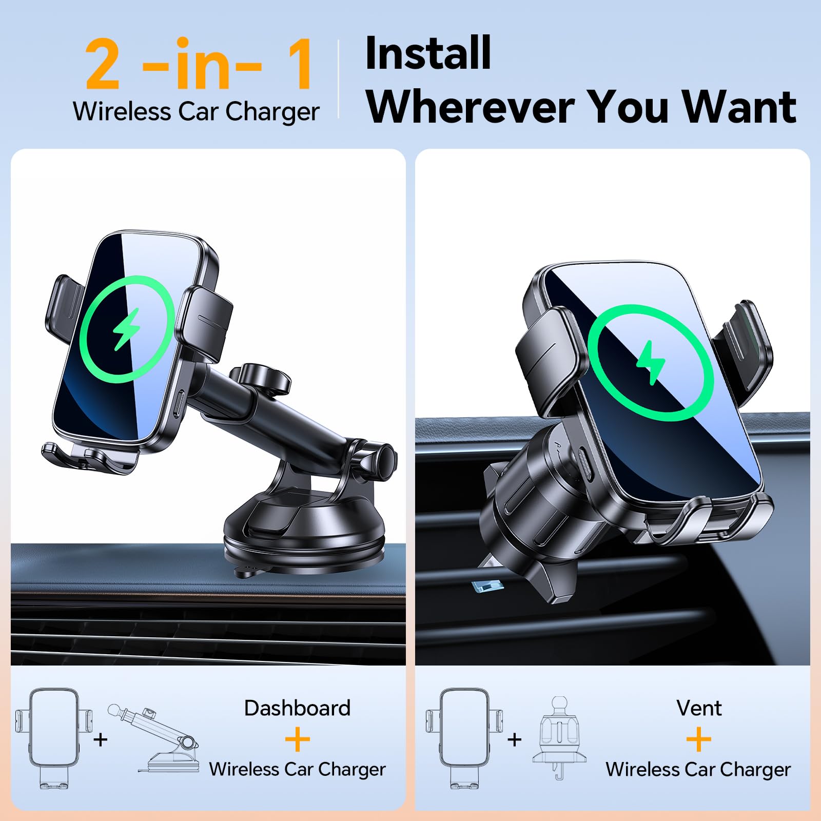Wireless Car Charger Mount - Fast Charging Auto Clamping Phone Holder for iPhone 16/15/14, Galaxy S24/S23/S22 - Compatible with Dashboard, Vent & Windshield - Perfect for Road Trips & Daily Commutes