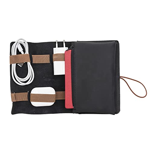 HARDISTON Genuine Leather Travel Cable Organizer Roll Case - Handmade Cord Storage Bag for Hard Drives, Chargers, Phones, USB Cables, SD Cards (Medium, Black) | Perfect for Business Trips, Tech Accessories Organization & Daily Commute