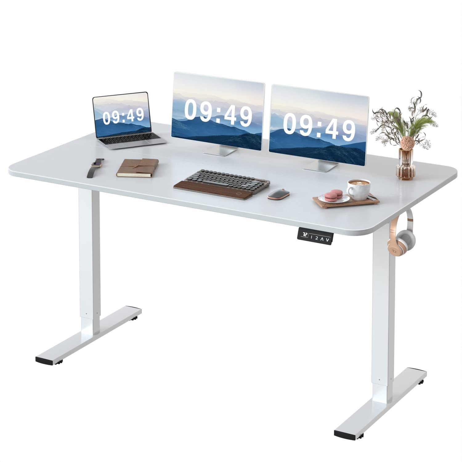 Furmax Electric Height Adjustable Standing Desk 55 x 24 Inches - Sit Stand Computer Desk with Memory Preset & T-Shaped Metal Bracket, White - Perfect for Home Office, Gaming & Remote Work Setup