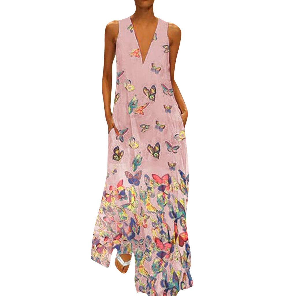 Women's Casual Sleeveless V-Neck Butterfly Print Maxi Dress - Summer Fashion Long Dress for Party & Beach Outings