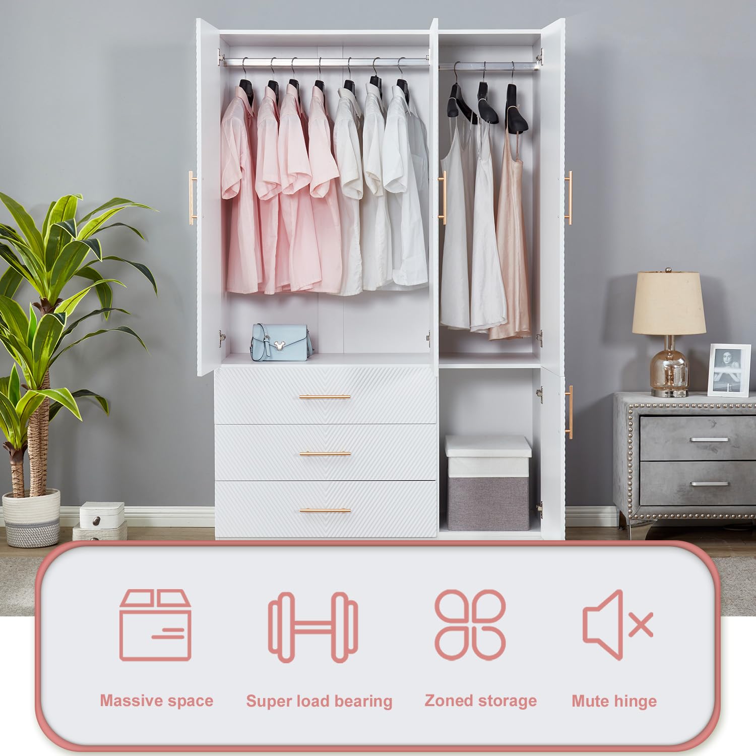 White Armoire Wardrobe Closet Cabinet - 3 Doors & 3 Drawers with Hanging Rod, Large Storage (47.3