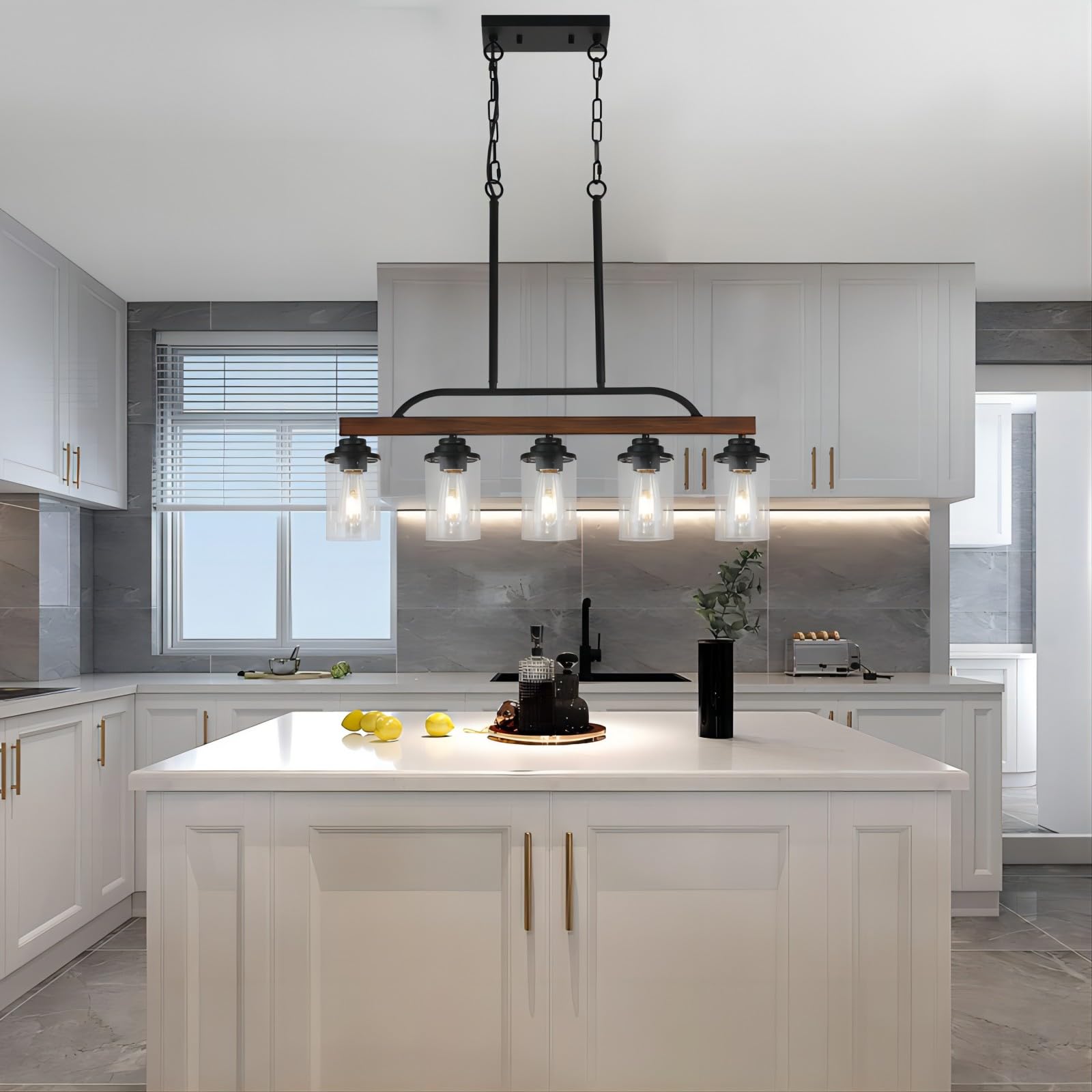 SEEBLEN 5-Light Farmhouse Chandelier - Black Metal Adjustable Kitchen Island Lighting with Clear Glass Shade - Rustic Industrial Dining Room Ceiling Fixture for Kitchen, Restaurant, Cafe and Home Decor