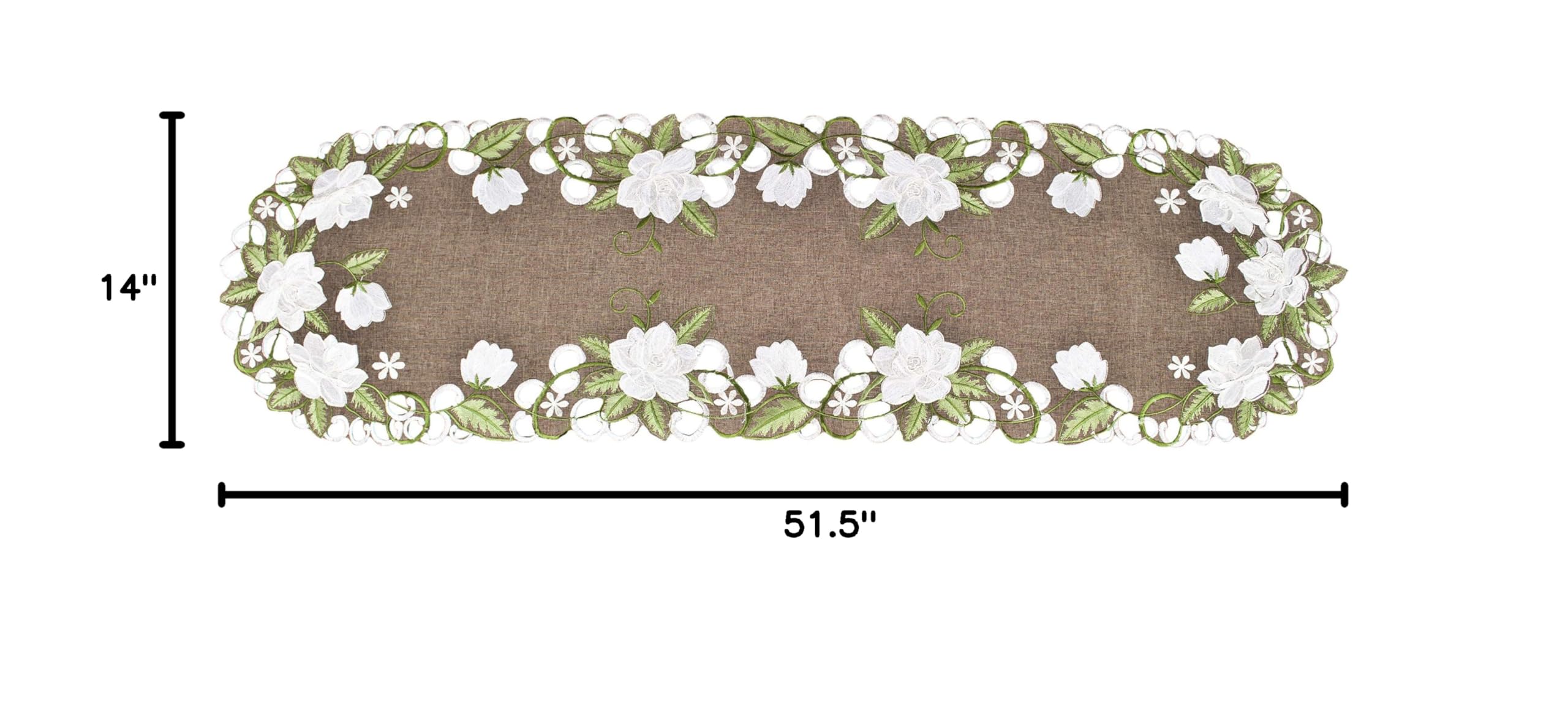 Elegant White Magnolia Floral & Green Leaves Embroidered Cutwork Table Runner - 14x51.5 Inch Brown Polyester Linen Dresser Scarf for Dining Table, Buffet, and Home Decor