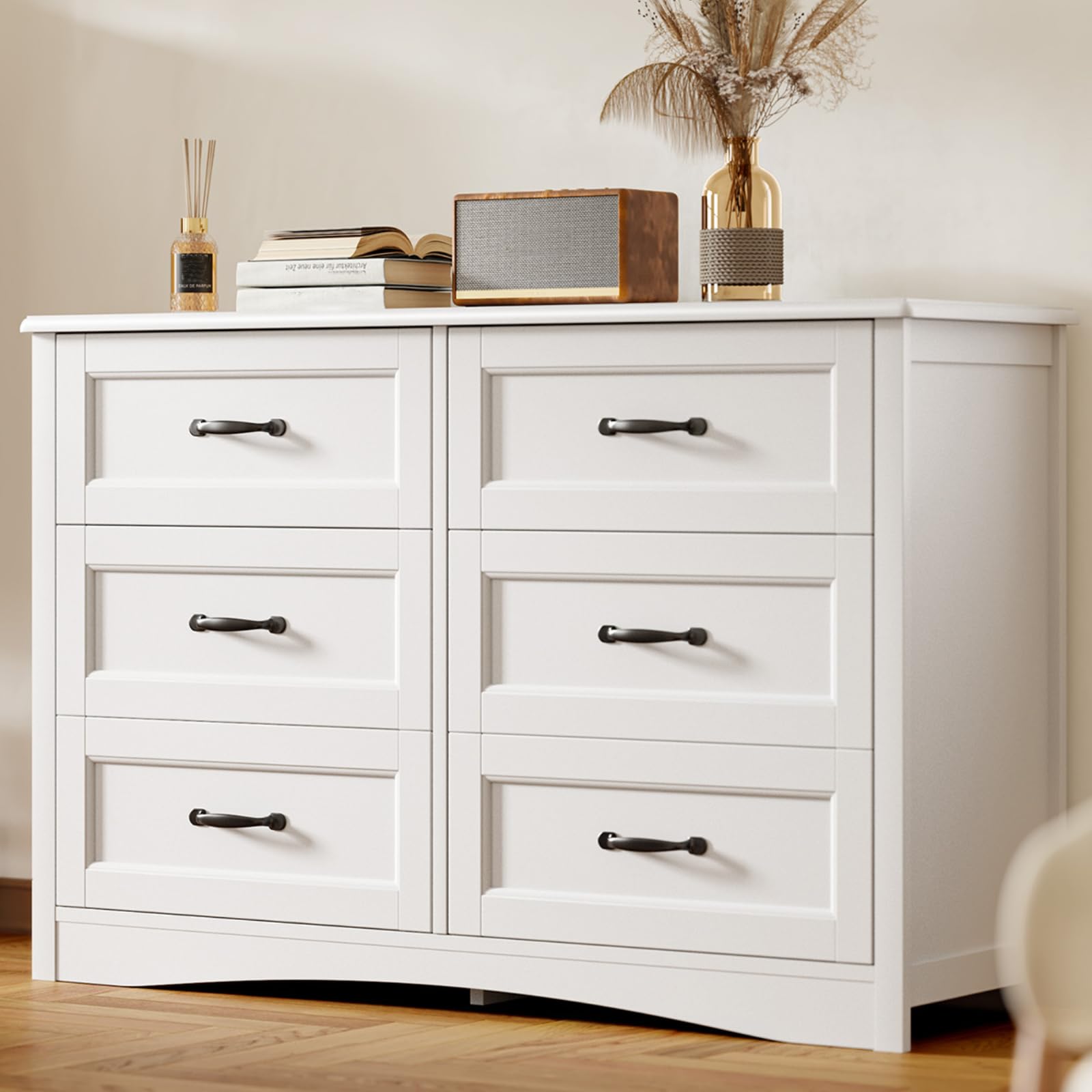 Gizoon 6-Drawer Dresser - White Storage Chest for Bedroom & Living Room