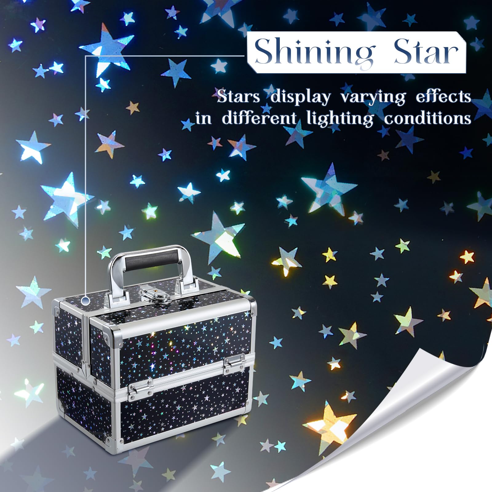 Joligrace Professional Makeup Train Case - Lockable Portable Cosmetic Organizer with 2 Trays & Mirror for Makeup Artists, Nail Technicians & Beauticians - Perfect for Travel & Salon Storage - Black Star Design