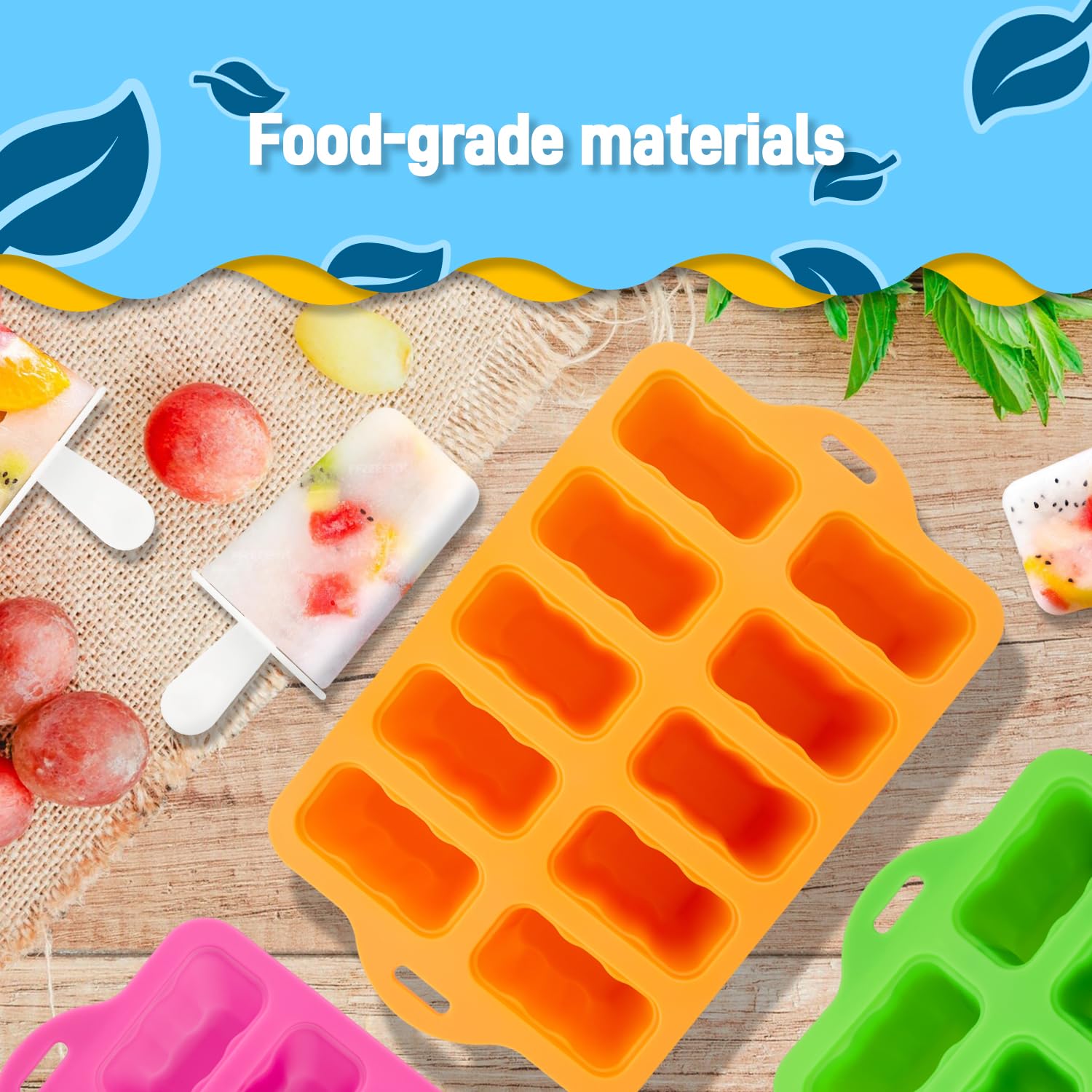 BPA-Free Silicone Popsicle Molds - 10 Cavity Reusable Ice Pop Molds with Sticks for Homemade Frozen Treats | Food Grade Safe | Perfect for Summer Snacks, Kids Parties & Healthy Desserts (Orange)