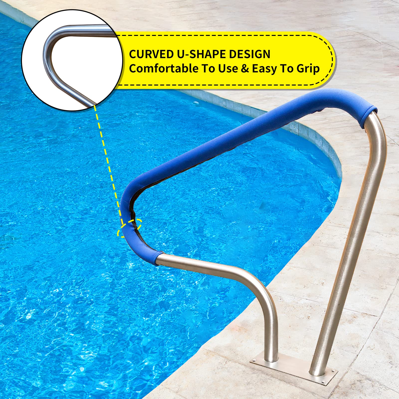 39x32 Inground Pool Rail - 304 Stainless Steel Swimming Pool Stair Handrail with Non-Slip Cover, Mounting Base & Accessories for Safety and Easy Pool Access