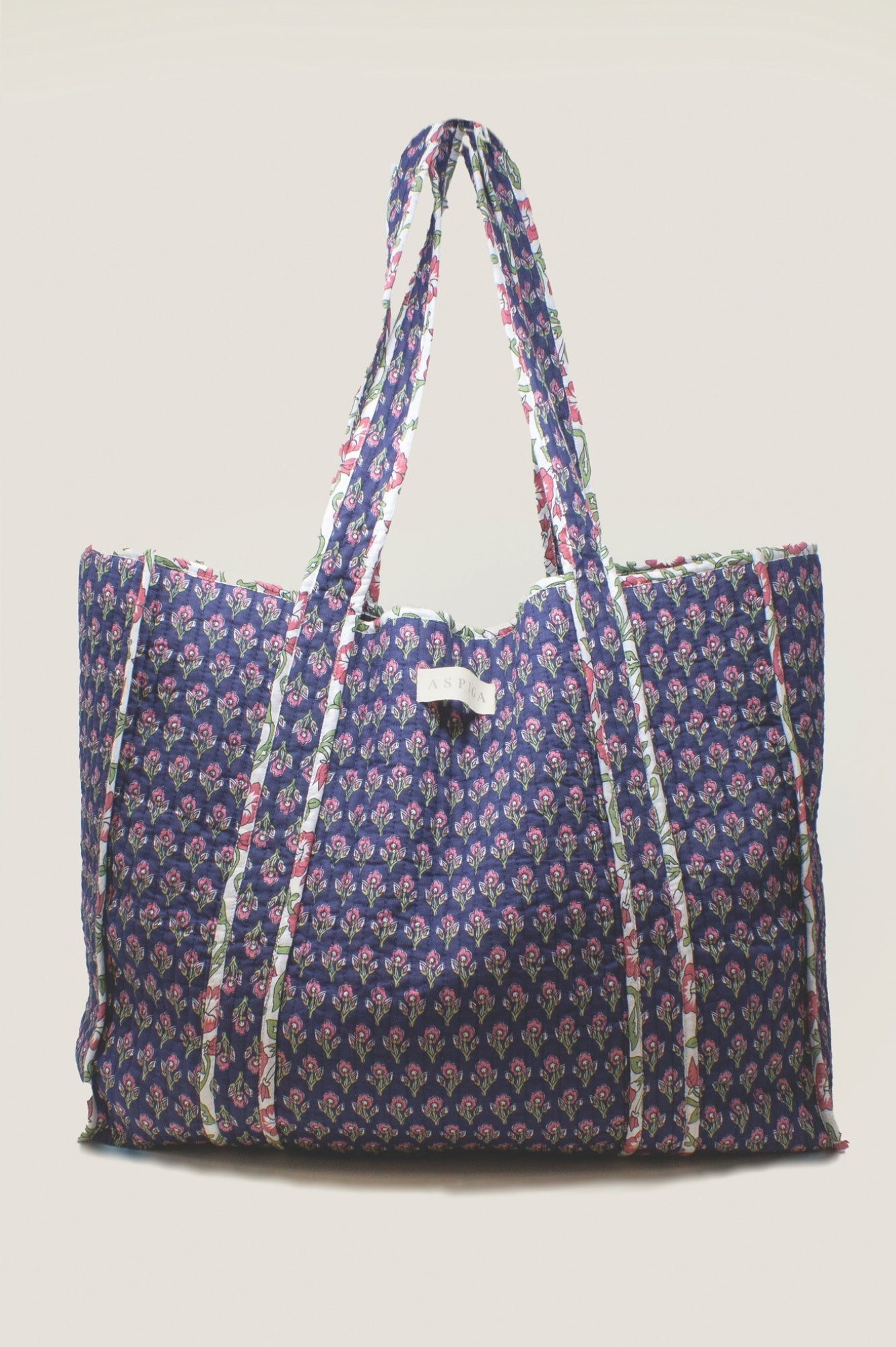 Quilted Tote Bag for Women - Primrose Stamp Navy/Pink Crossbody Shoulder Bag - Perfect for Work, Travel & Shopping