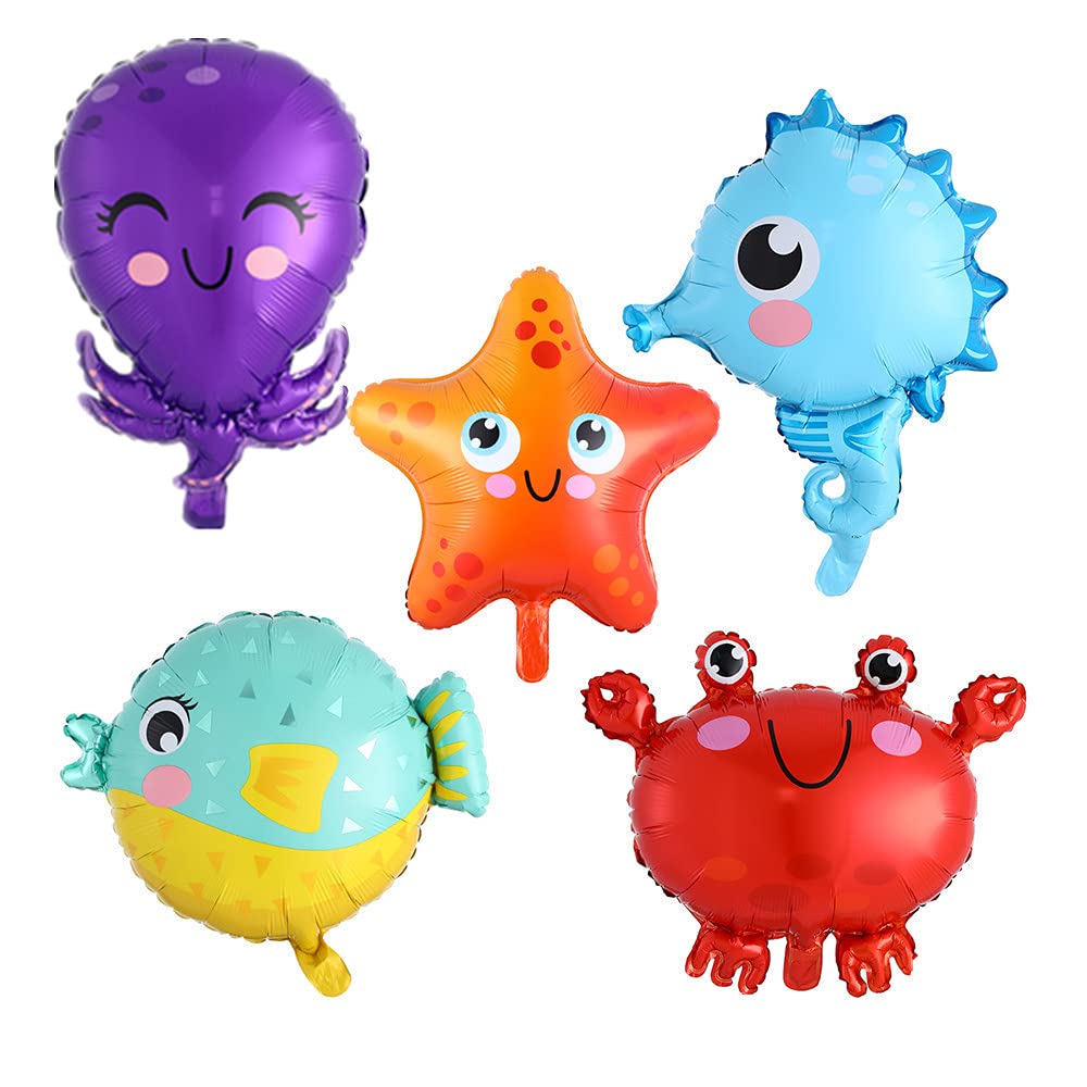 5 Pcs Ocean Animal Foil Balloons - Fish, Octopus, Starfish, Crab & Pufferfish for Kids Birthday Party, Under the Sea Theme Decorations - Perfect for Baby Showers, Pool Parties & Ocean-Themed Events