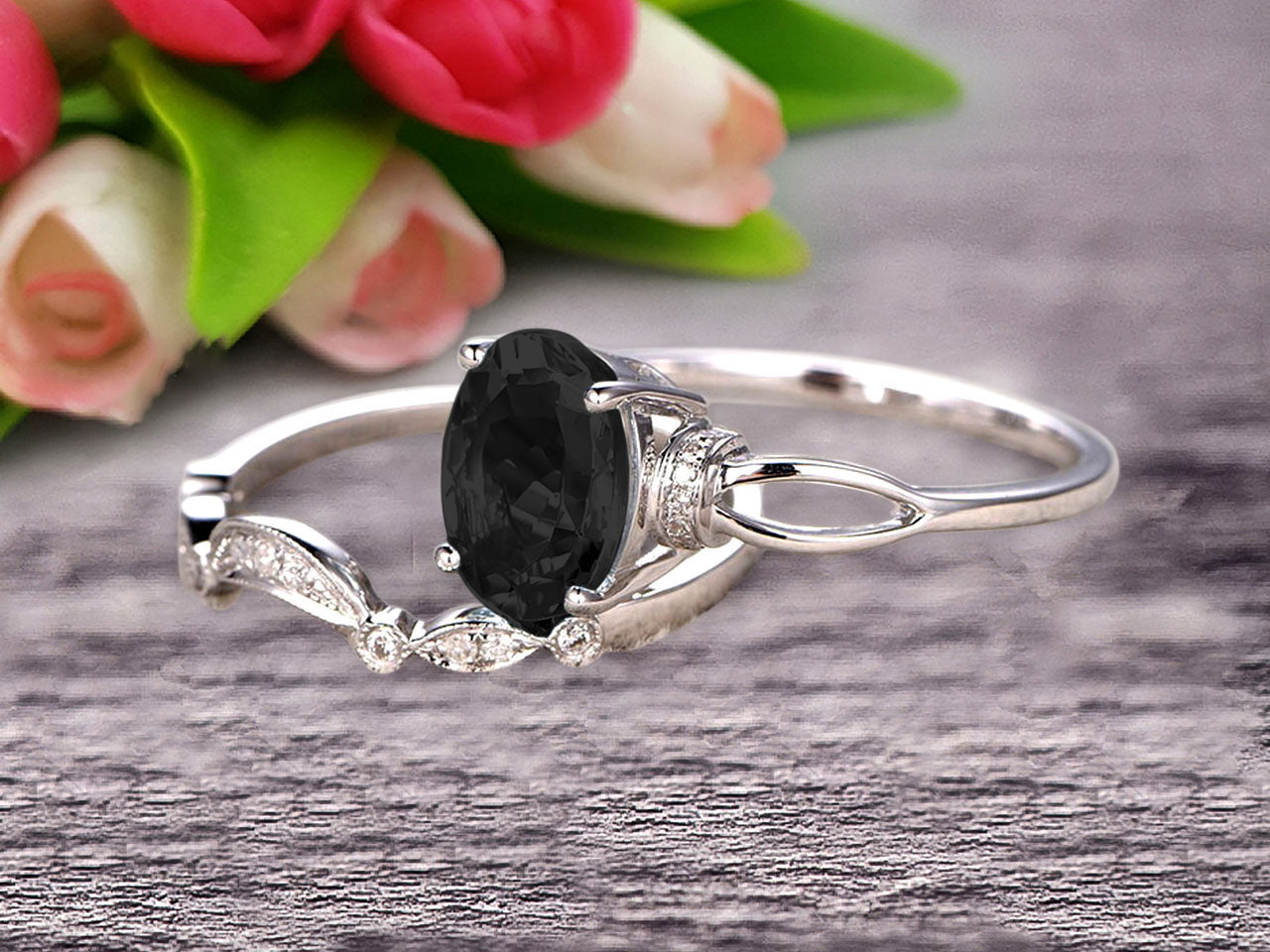 1.50 Carat Oval Cut Black Diamond Moissanite Engagement Ring Set with Curved Loop Stacking Wedding Band in 10K White Gold | Bridal Jewelry for Women, Anniversary Gift, Proposal Ring Set for Her