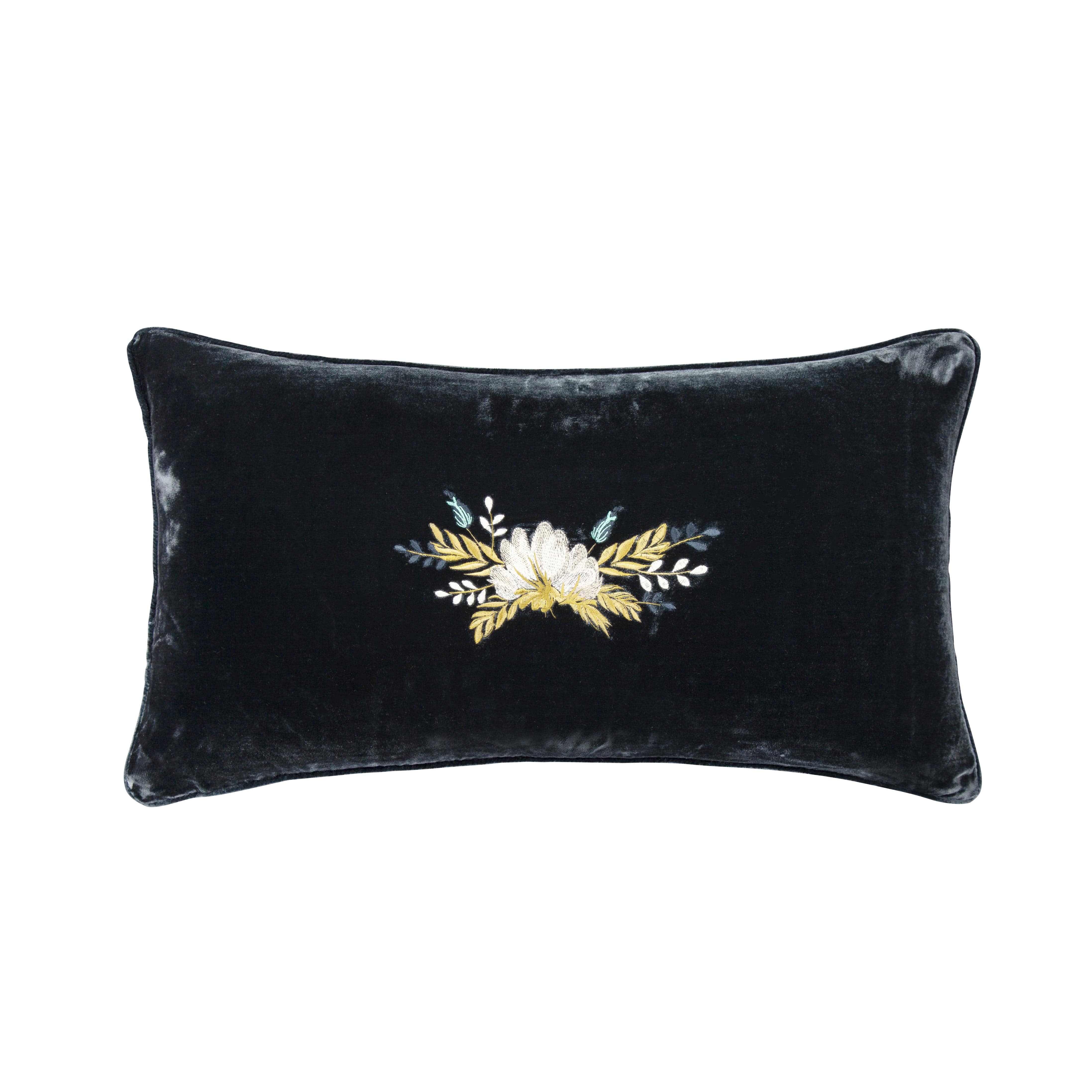 Stella Western Floral Embroidered Silk Velvet Lumbar Pillow - Bohemian Home Decor for Sofa, Bed & Living Room Accent