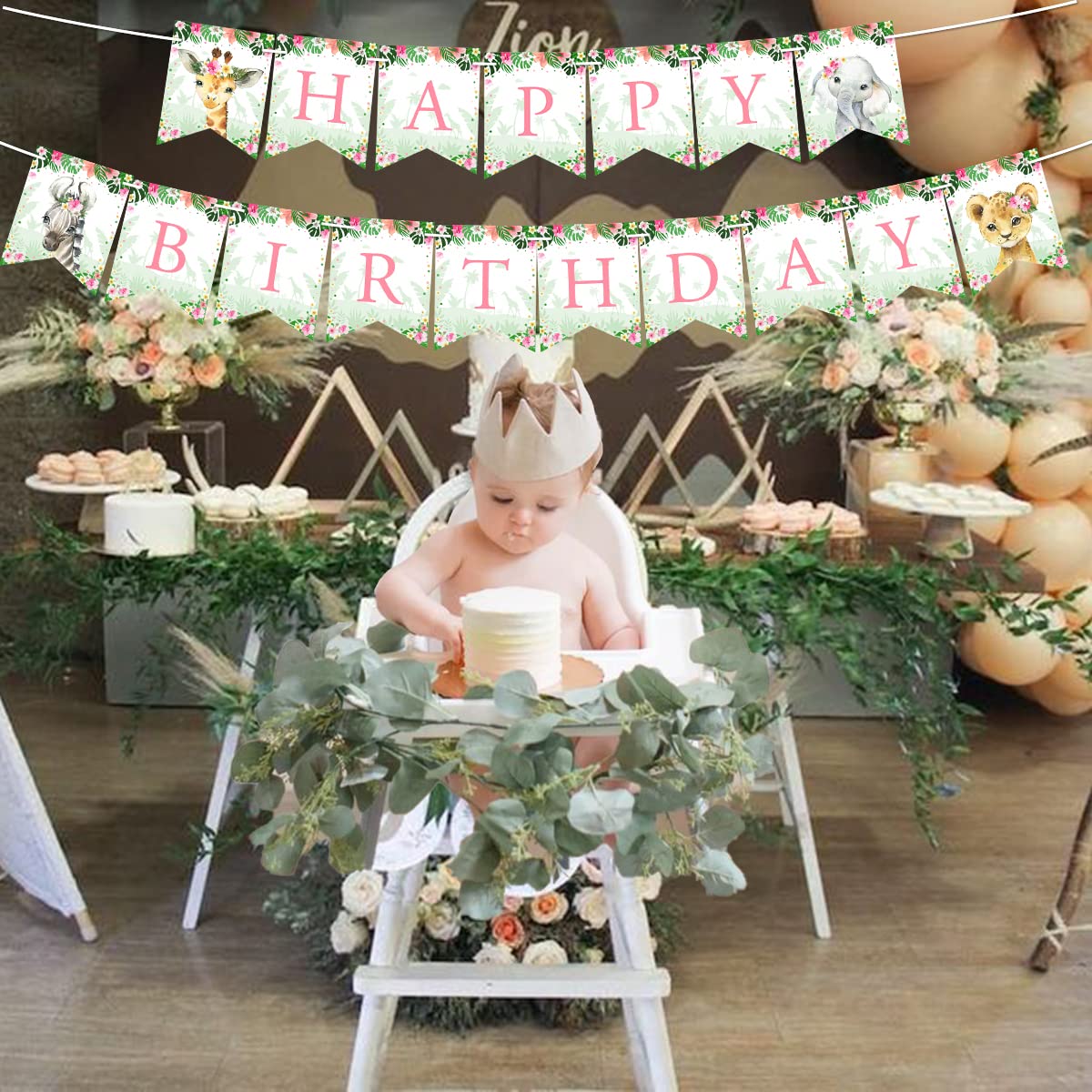 Jungle Happy Birthday Banner for Girls - Green & Pink Safari Theme Birthday Decorations | Perfect for Wild One, Wild Two, Wild Three Birthday Parties & Jungle-Themed Celebrations