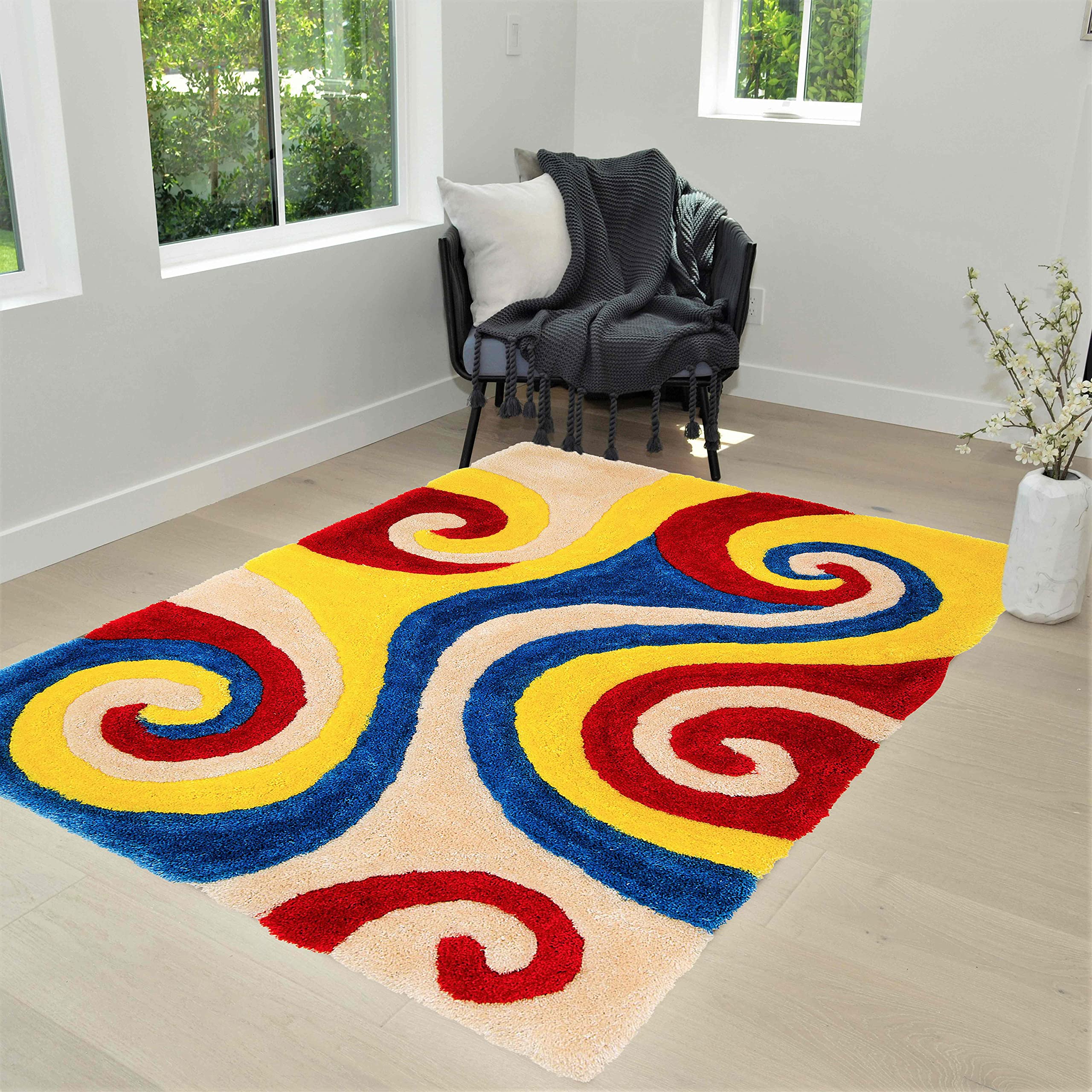 5x7 Multi Shag Rug - Modern Swirls Pattern Hand Carved Shaggy Rug in Blue/Red/Yellow/Cream | Living Room Decor, Bedroom Accent | Soft & Plush for Cozy Home Style