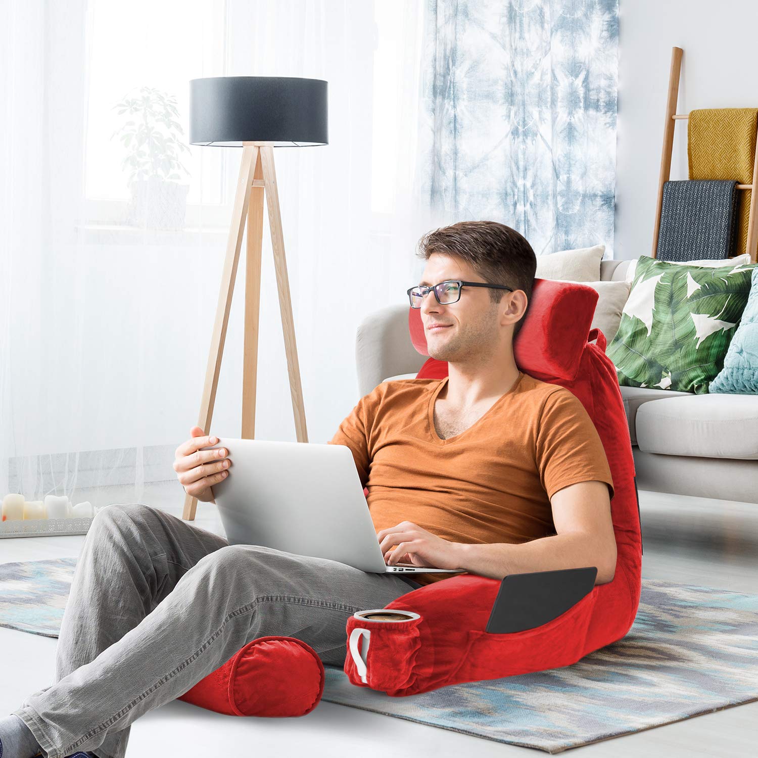 Nestl Reading Pillow Large Bed Pillow - Shredded Memory Foam Back Support Pillow for Sitting in Bed, Reading & Relaxing - Cherry Red Chair Pillow with Pockets - Perfect for Bed Rest, Arm Support & Cozy Reading Nook