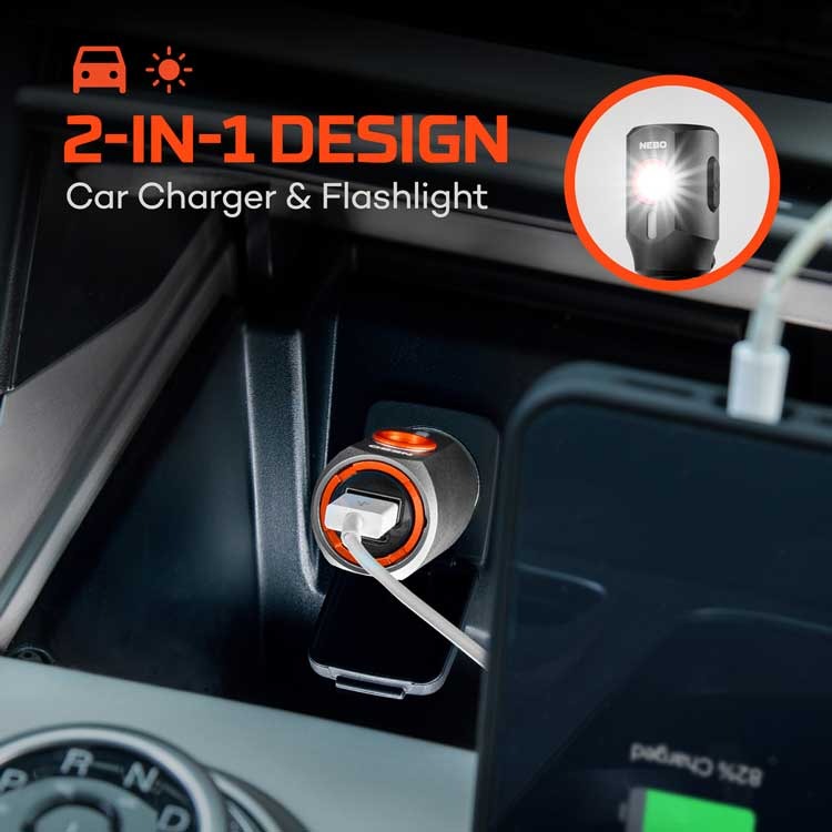 Nebo Transport 400 2-in-1 Car Charger & LED Flashlight - Dual USB Ports for Fast Charging, Emergency Light for Roadside Safety & Power Outages