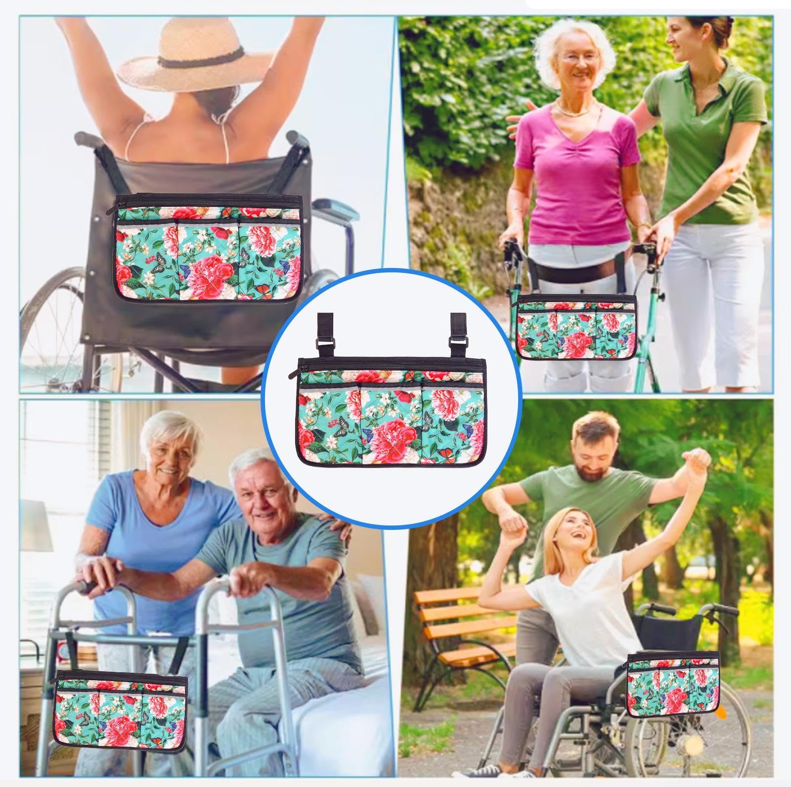 Printed Wheelchair Side Bags with Pockets - Durable Walker Accessories for Seniors | Hanging Pouches for Armrests & Mobility Aids | Perfect for Daily Essentials, Medication & Personal Items Storage