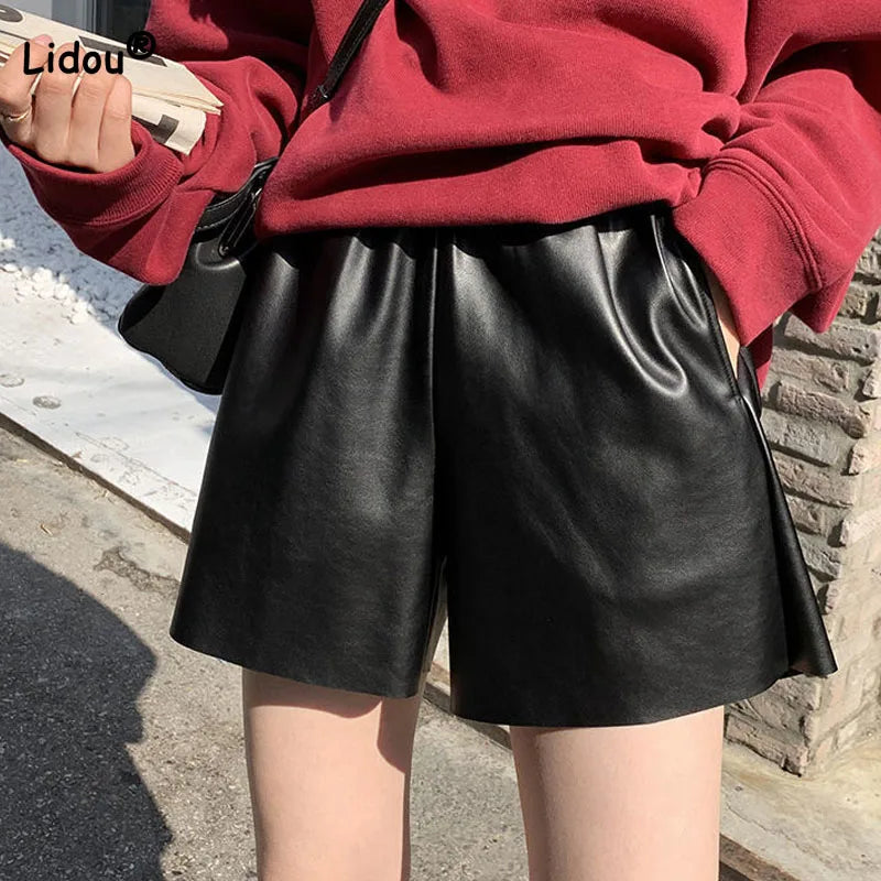 2023 Trendy Korean Solid Color Leather Shorts for Women - High Waist Elastic Casual Pants (Autumn Winter Collection) | Perfect for Daily Wear, Office Outfits & Night Out Fashion
