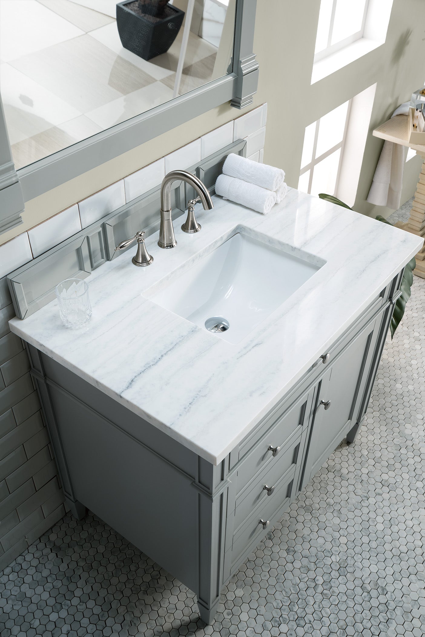Brittany 36 Inch Modern Gray Bathroom Vanity with 3CM Arctic Fall Solid Surface Countertop - Perfect for Small Spaces & Contemporary Home Decor
