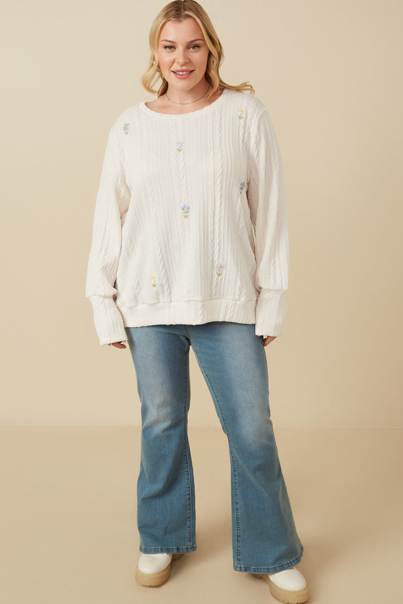 Women's Cable Knit Floral Embroidered Long Sleeve Tops - Soft Winter Sweater for Casual Outfits & Holiday Parties