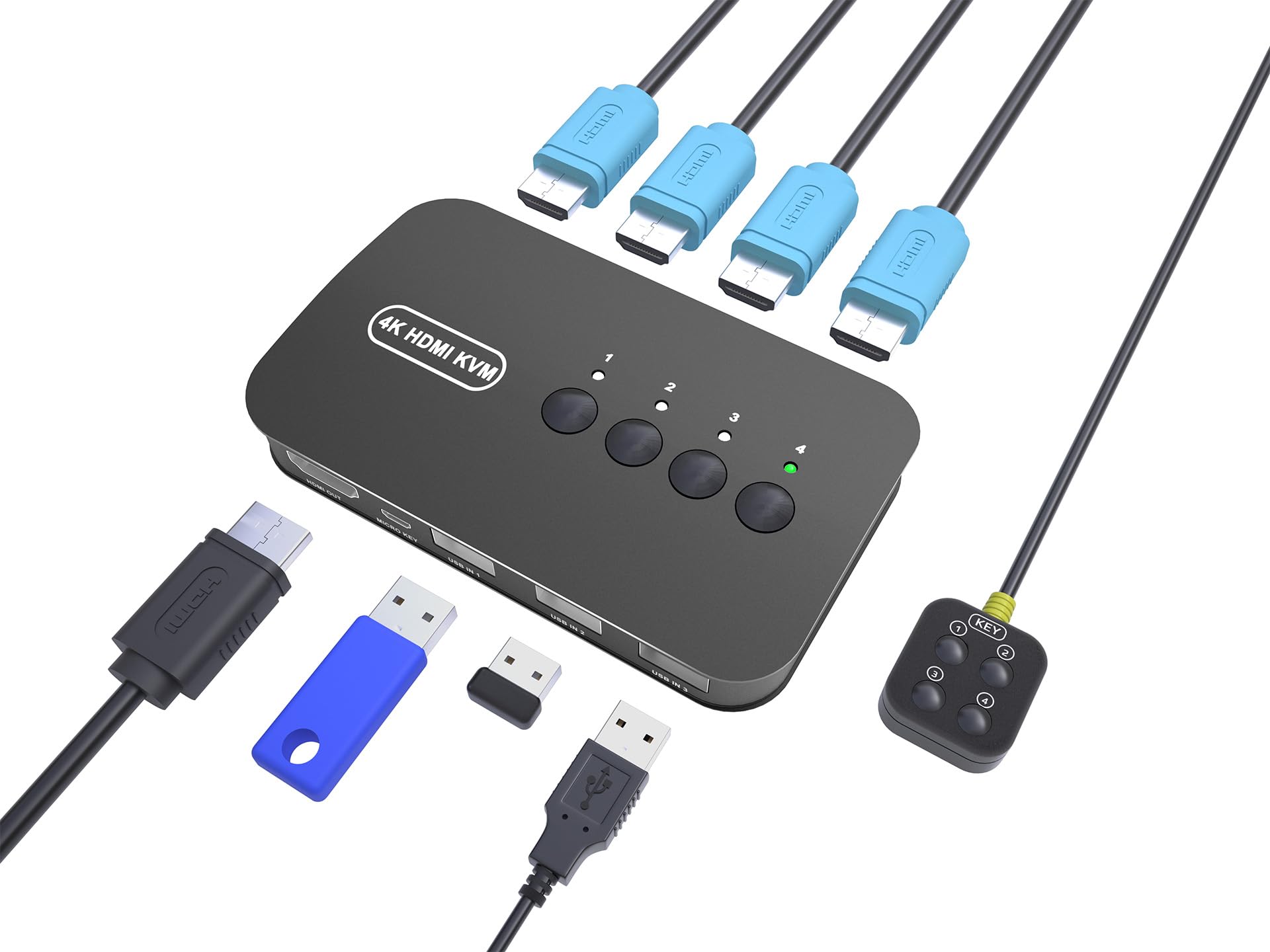 4 Port HDMI KVM Switch - Share Keyboard, Mouse, Printer & USB Devices Between 4 Computers | Supports 4K@30Hz | Includes 4 HDMI Cables & Desktop Controller | Perfect for Home Office, Gaming & Multi-PC Workstations