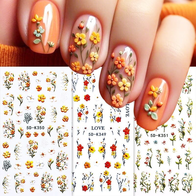 5D White Green Flowers Plants Nail Stickers K351 - DIY Nail Art Decals for Home, Salon & Party Use