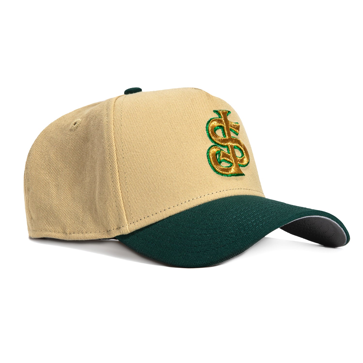 New Era 9Forty A-Frame San Jose Giants Snapback Baseball Cap - Tan, Green & Metallic Gold - Adjustable Hat for Sports Fans & Streetwear Fashion