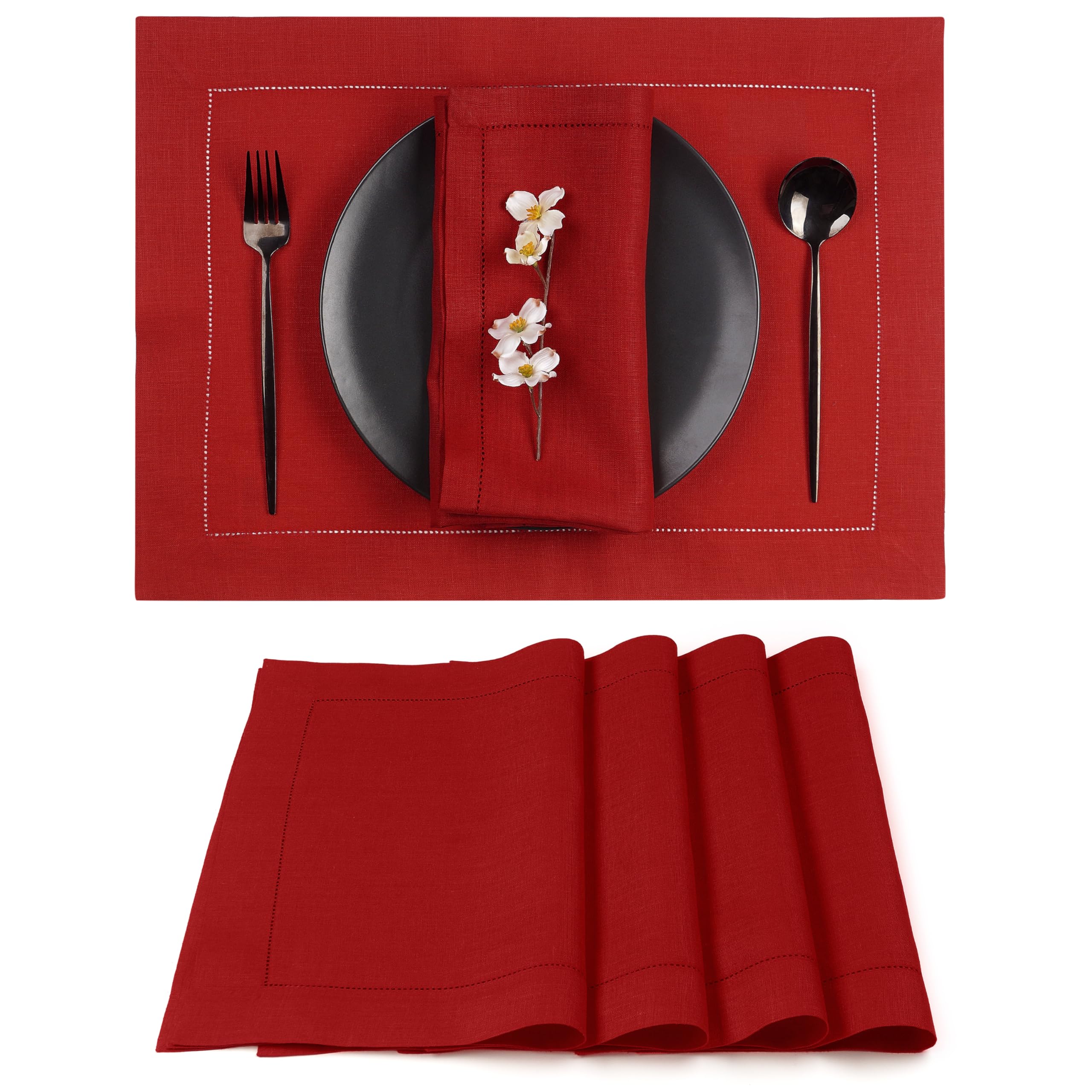 D'Moksha Homes 100% Pure Linen Placemats Set of 4 - 14x19 Inch Red Table Mats with Classic Hemstitch, Washable & Durable for Easter, Thanksgiving, Christmas Dinner & Home Decor