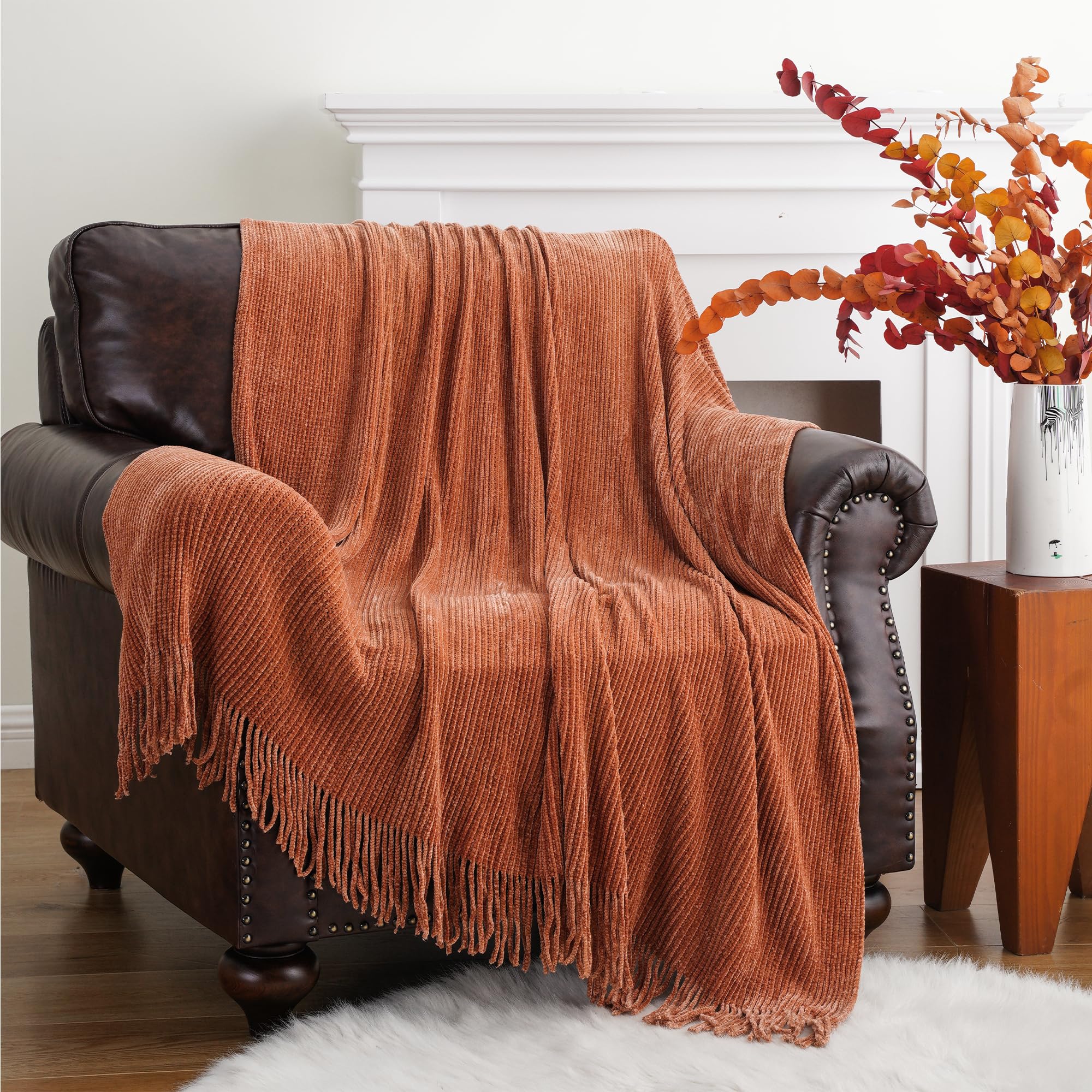 BATTILO HOME Rust Orange Chenille Knit Throw Blanket with Tassels - 50