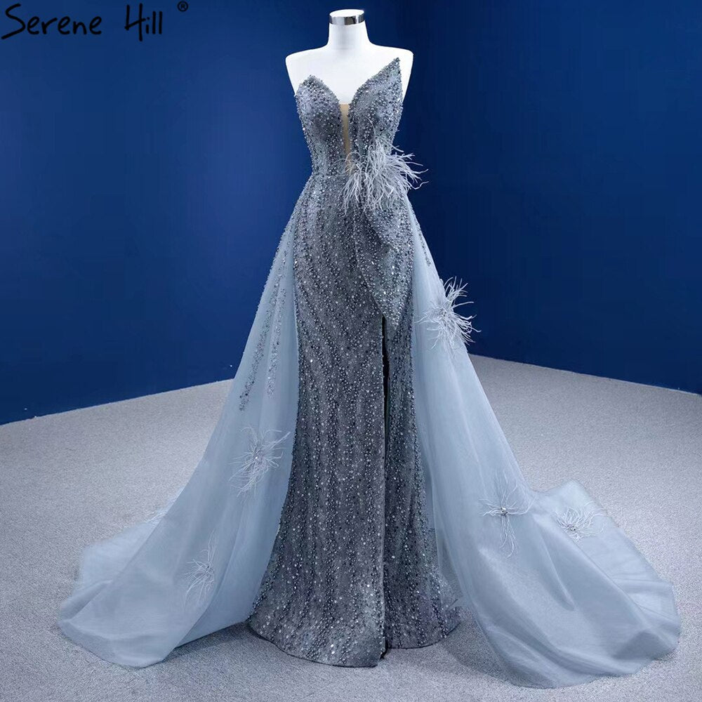 Elegant Grey Mermaid Evening Dress with Feather & Beaded Overskirt for Women - Serene Hill 2025 Collection | Perfect for Prom, Gala & Formal Parties (HM67340)