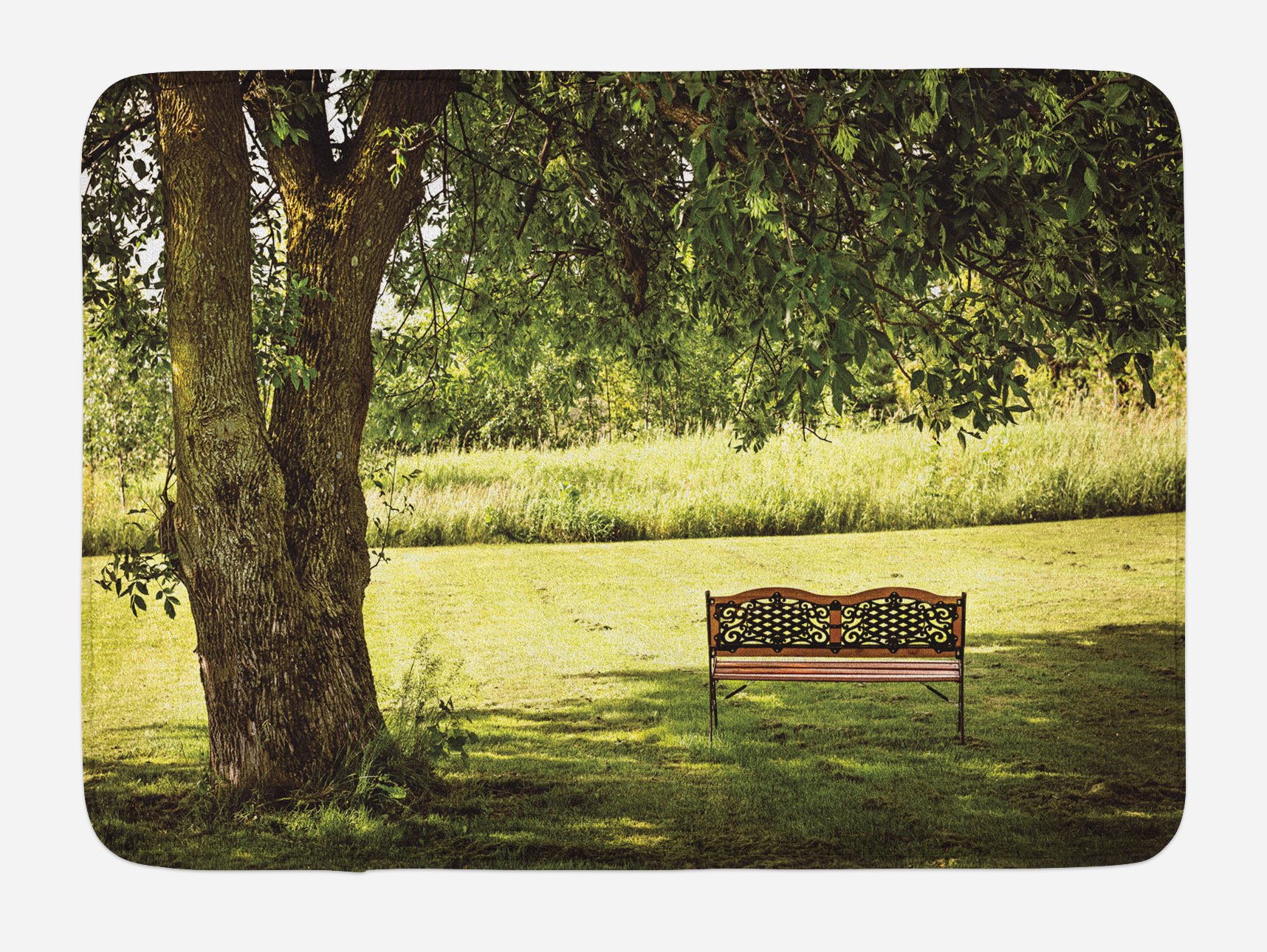 Ambesonne Tree Bath Mat - Non-Slip Plush Bathroom Rug with Wooden Bench Under Shady Big Tree Design, 30.2