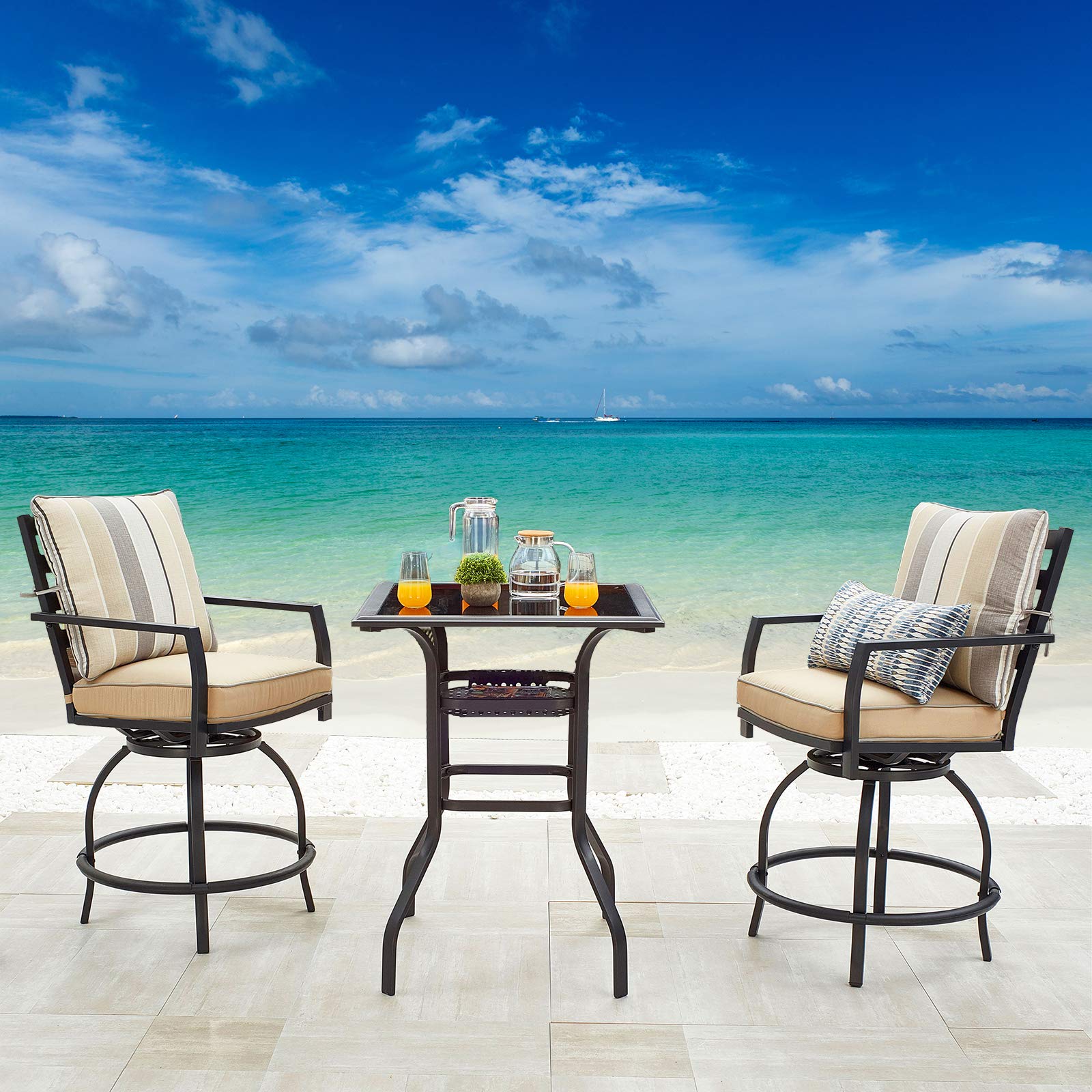 360° Swivel Patio Dining Set with Cushions - 3-Piece All-Weather Metal Bar Height Stools & Bistro Table for Outdoor, Garden, Deck, Poolside (Beige) - Perfect for BBQs, Parties & Relaxing in Your Backyard