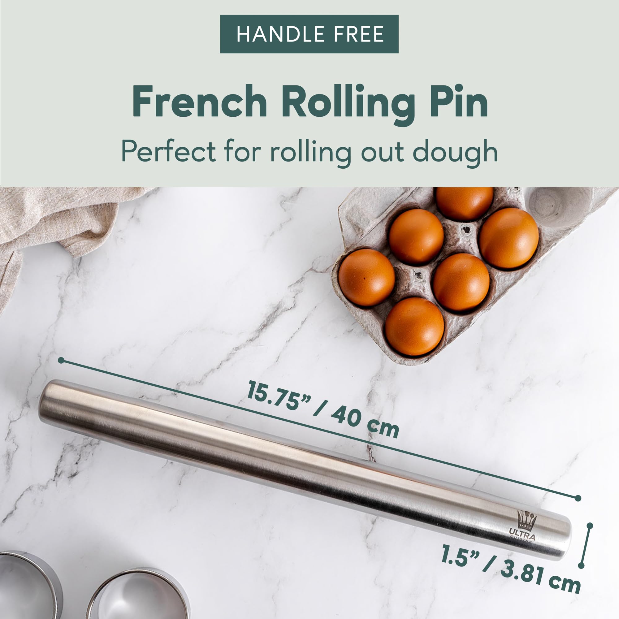 Professional Stainless Steel Rolling Pin - Ultra Smooth Surface & Tapered Design for Chocolate, Pie Crust, Cookies & Pastry - Perfect for Home Baking & Professional Kitchens