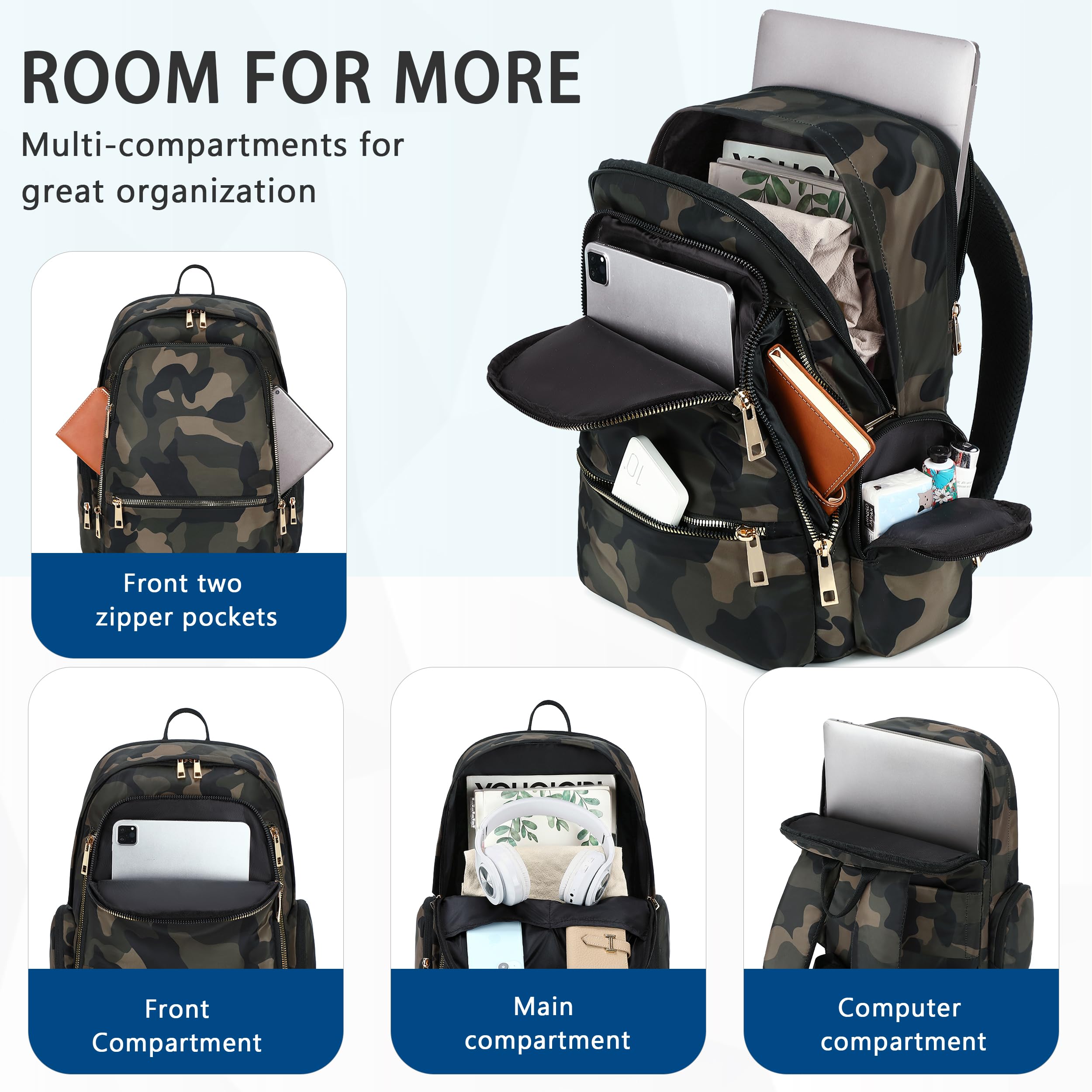 AO ALI VICTORY Anti-Theft Laptop Backpack for Women & Men - 15.6 Inch Travel Backpack with USB Charging Port, Water-Resistant College Bookbag for Work, Business, Commuting & Casual Use - Perfect for Office, School & Daily Travel (Camo Green)