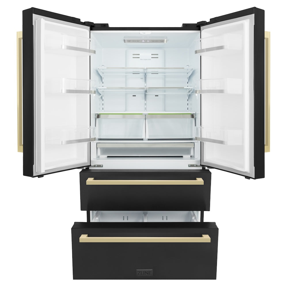 ZLINE Autograph Edition 36 Inch Counter Depth French Door Refrigerator - 22.5 cu.ft Capacity, Fingerprint Resistant Black Stainless Steel with Champagne Bronze Handles, Built-in Ice Maker | Perfect for Modern Kitchens, Open Concept Homes & Entertaining Guests