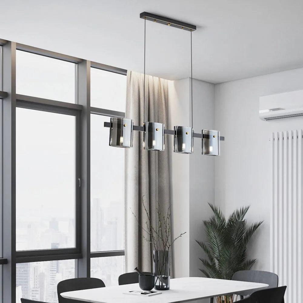 Modern Rectangular Glass Dining Room Brass Pendant Light - Elegant Hanging Chandelier for Kitchen Island, Breakfast Nook & Dining Table Lighting