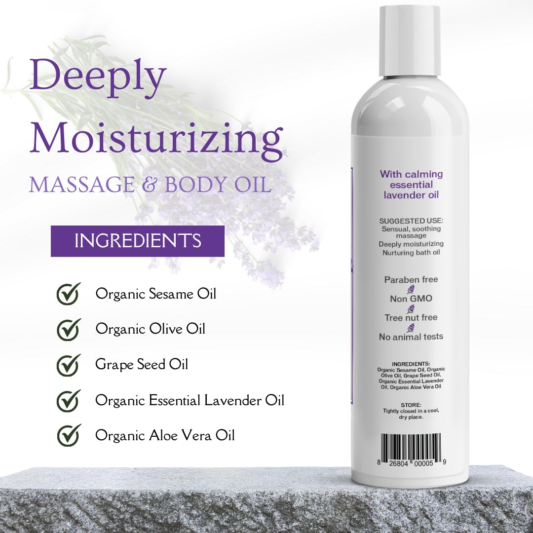 Aloe Cadabra Natural Body Massage Oil for Men & Women - Relaxing Therapeutic Aromatherapy with Lavender Essential Oil, Moisturizing Bath & Body Oil (8 Fl Oz) - Perfect for Couples Massage, Spa Nights & Self-Care Routines