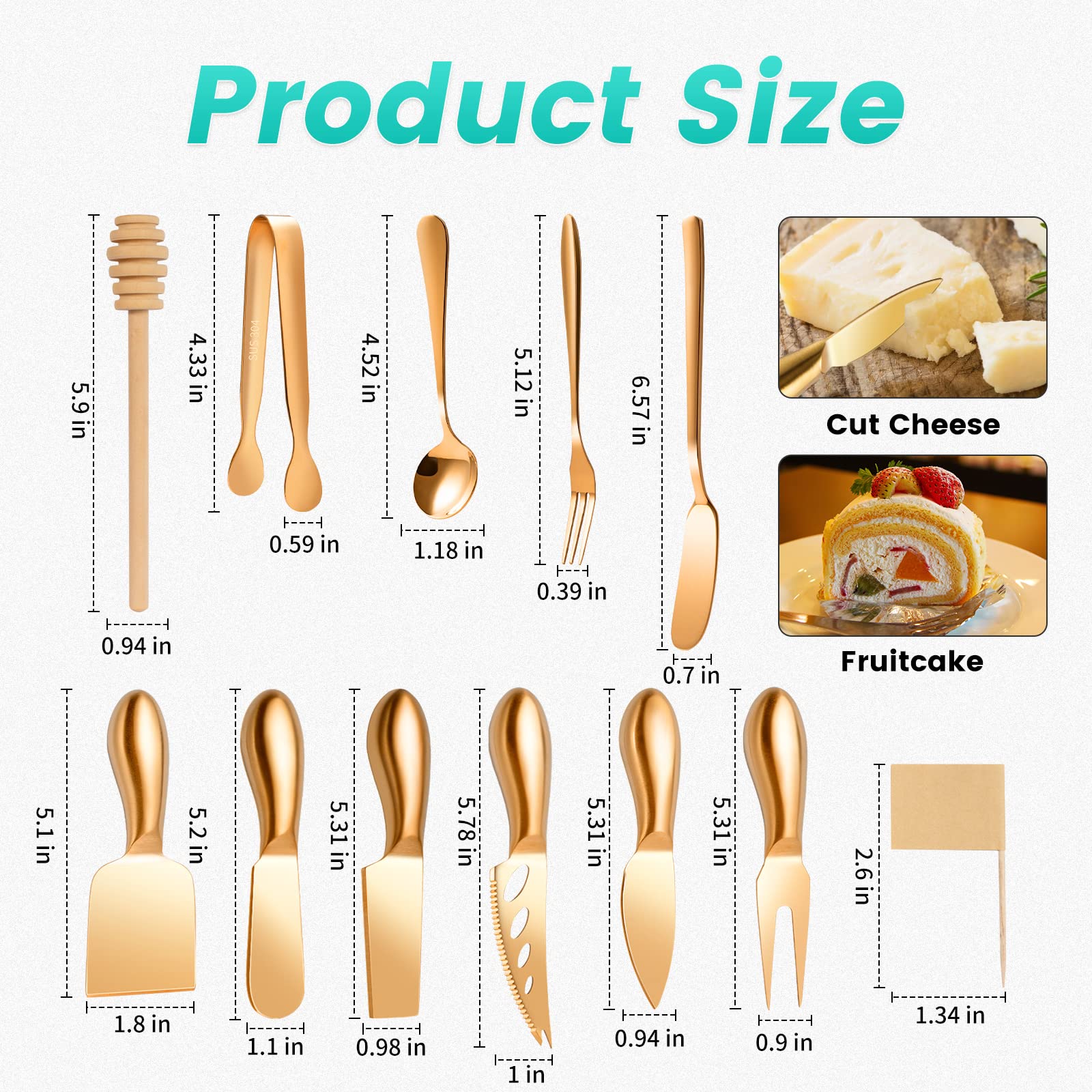 Premium Rose Gold Cheese Knife Set - 18-Piece Charcuterie Board Accessories with Cheese Spreaders, Slicers, Serving Tongs, Spoons, Forks & Wooden Honey Dipper - Perfect for Wine Parties, Cheese Platters & Gourmet Charcuterie Boards