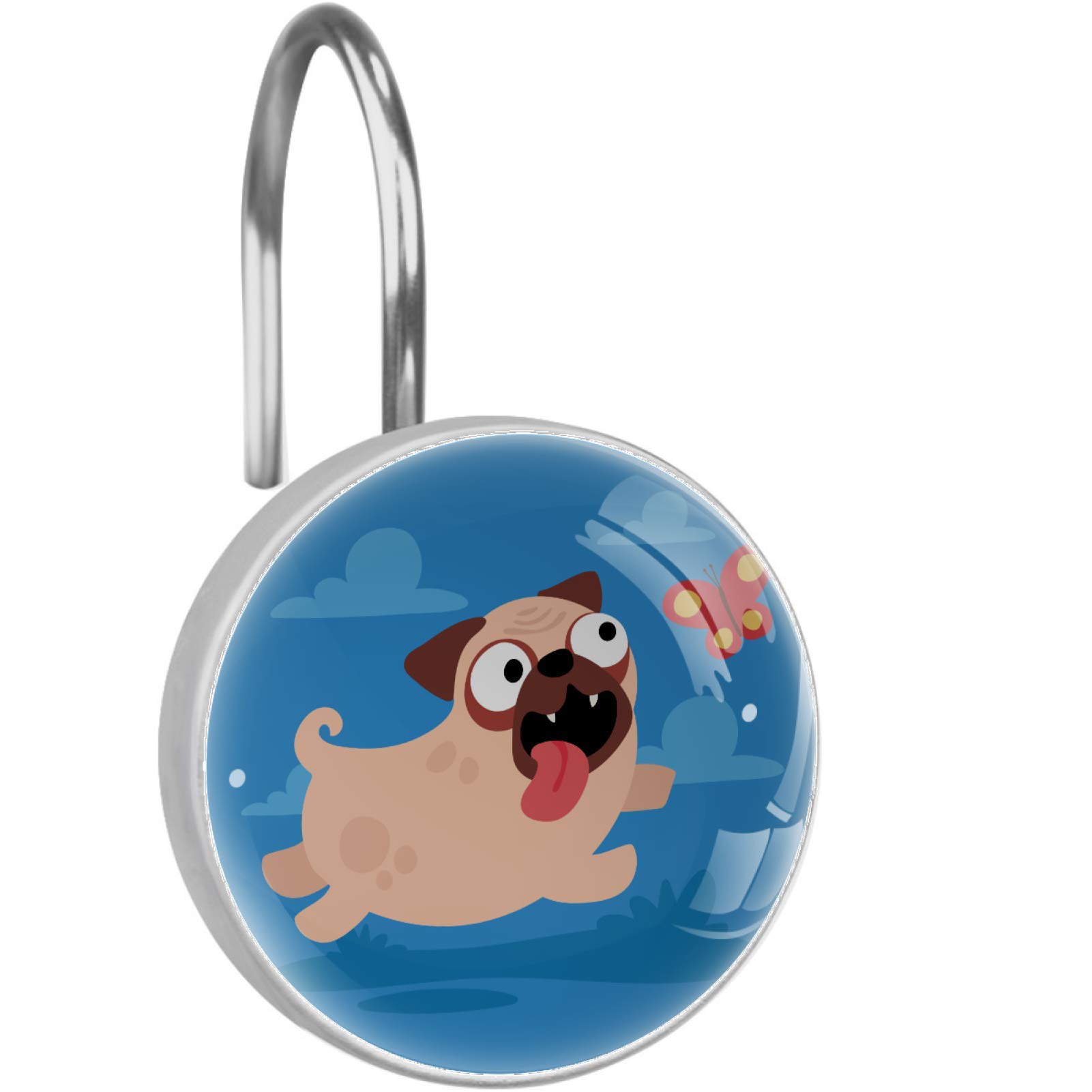 12 Pack Blue Pug Dog Shower Curtain Hooks - Round Glass Resin Decorative Rings for Bathroom Decor, Pet Lover Gift Idea (Perfect for Themed Bathrooms & Dog Owner Homes)