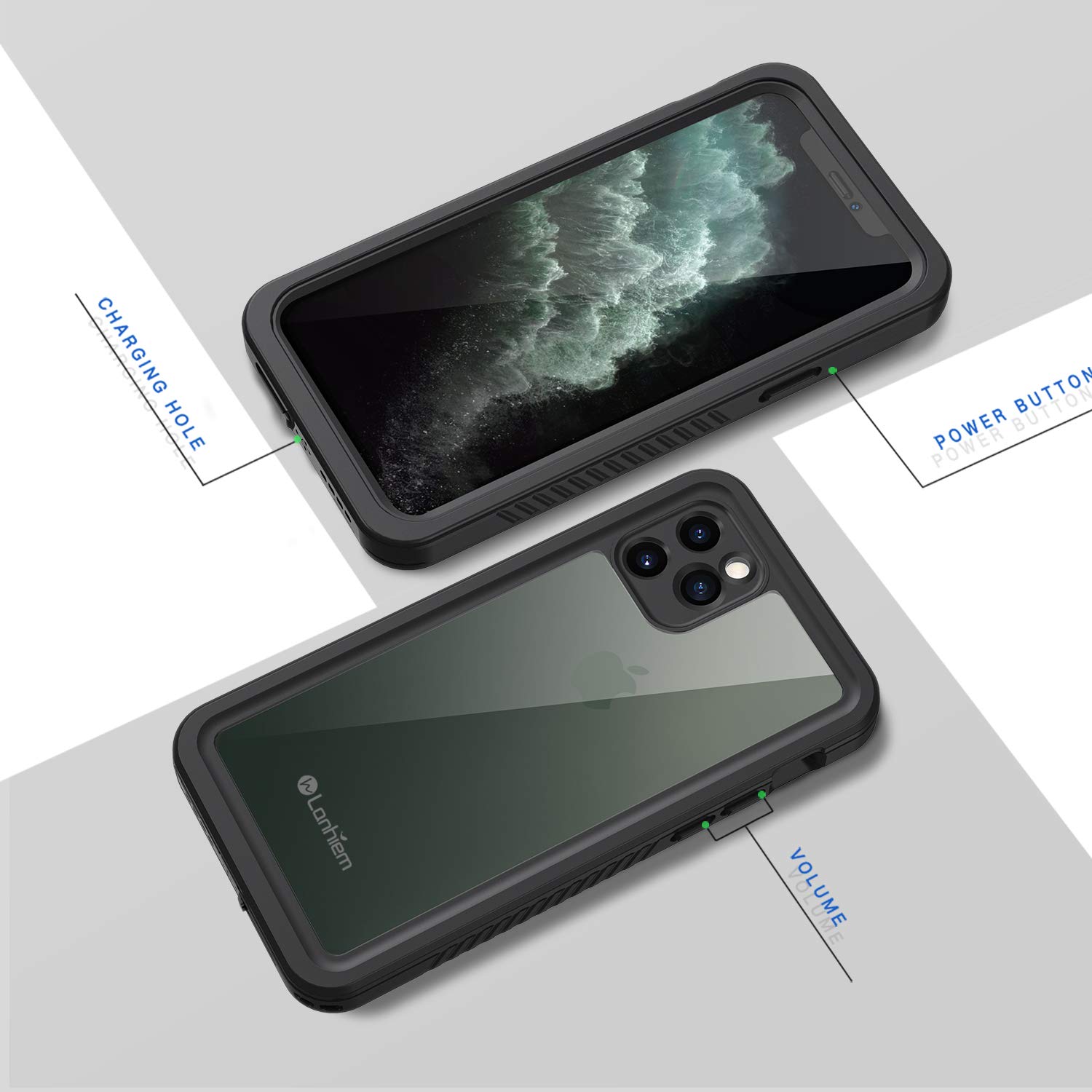 **Lanhiem iPhone 11 Pro Max Case - IP68 Waterproof & Dustproof Heavy Duty Full Body Protection with Built-in Screen Protector, Clear Back Phone Cover (Black) - Perfect for Outdoor, Sports & Extreme Activities**