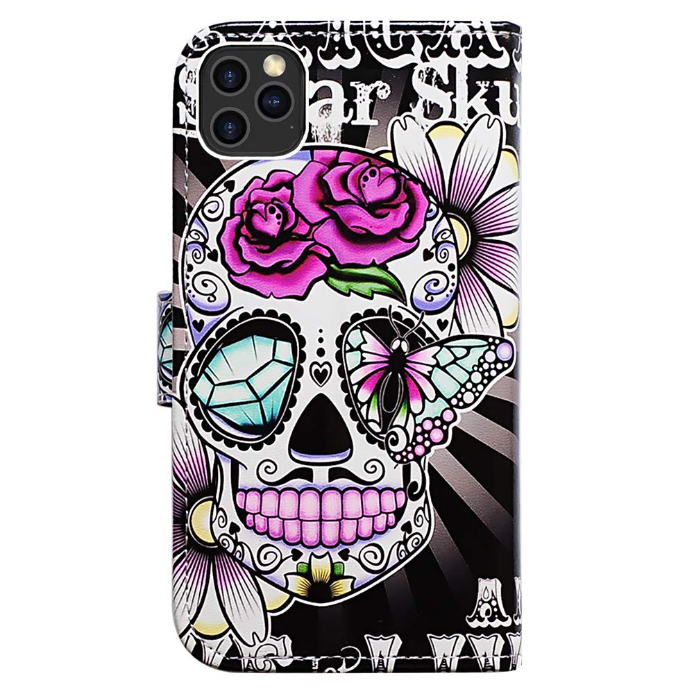 Premium Purple Flower Sugar Skull Leather Flip Wallet Case for iPhone 12 Pro Max with Card Slots & Kickstand - Stylish Protection for Everyday Use, Travel, and Work