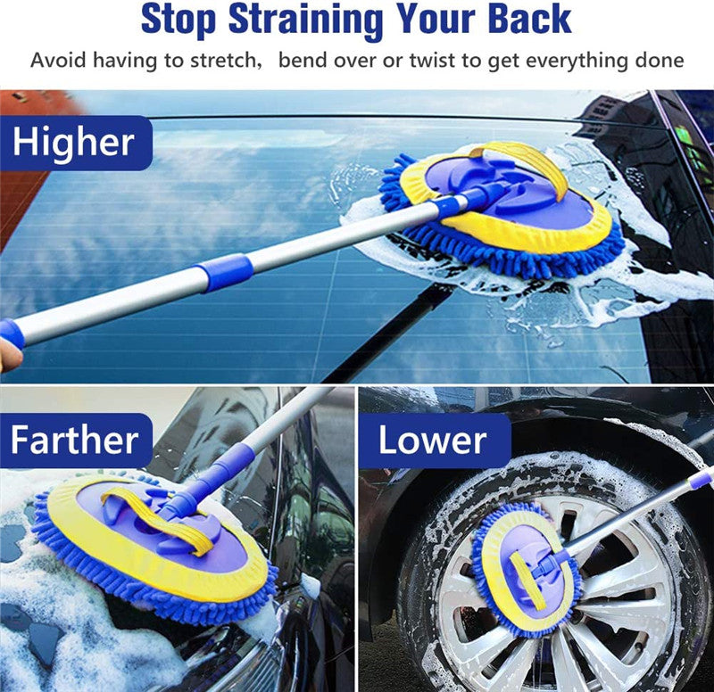 2 in 1 Telescopic Chenille Car Wash Mop with Removable Wash Mitt (1.75-3.75 ft Extension) - Premium Car Cleaning Kit for Easy Washing, Waxing & Drying - Perfect for Sedans, SUVs & Trucks