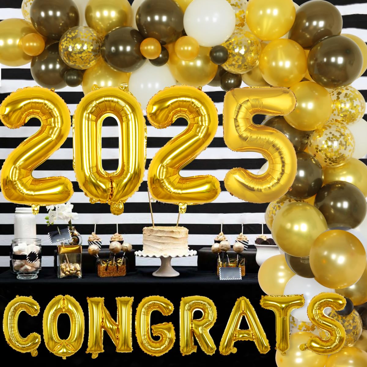 JOYMEMO 2025 Graduation Decorations - Black & Gold Balloon Arch for High School & College Parties