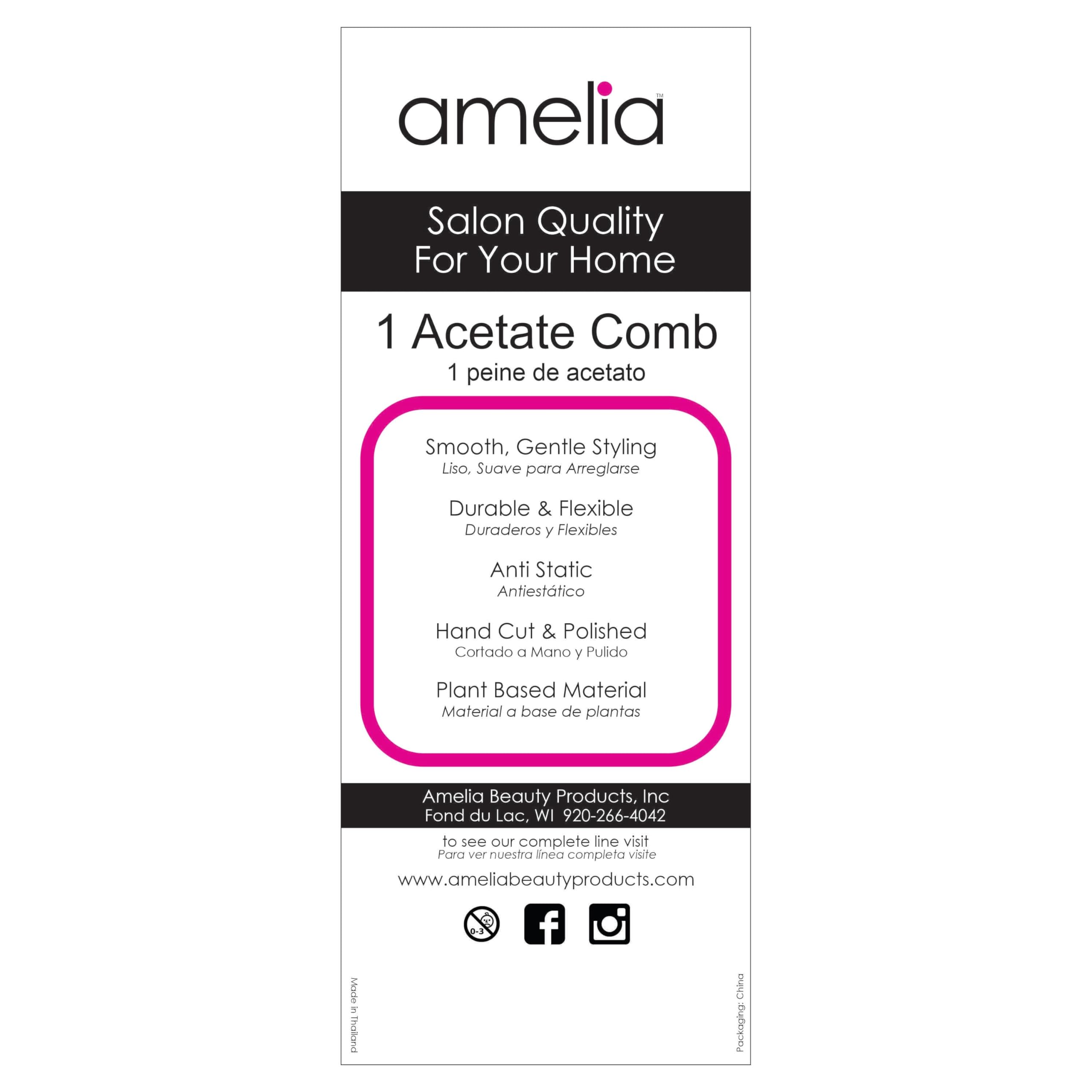 Amelia Beauty 8 Inch Black Rat Tail Comb - Handmade Cellulose Acetate, Smooth Edges, Eco-Friendly Plant-Based Material for Hair Styling, Sectioning & Detangling - Perfect for Salon, Home Use & Travel