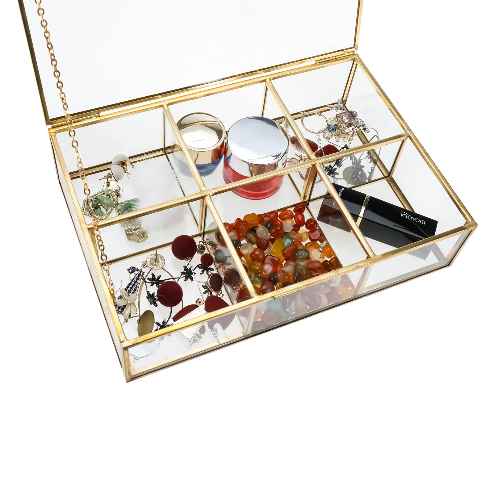 Premium Glass Tea Bag Organizer with Lid - 6 Compartment Clear Storage Box for Tea Bags, Coffee & Sugar Packets - Countertop Display Case for Kitchen, Office or Gift Use
